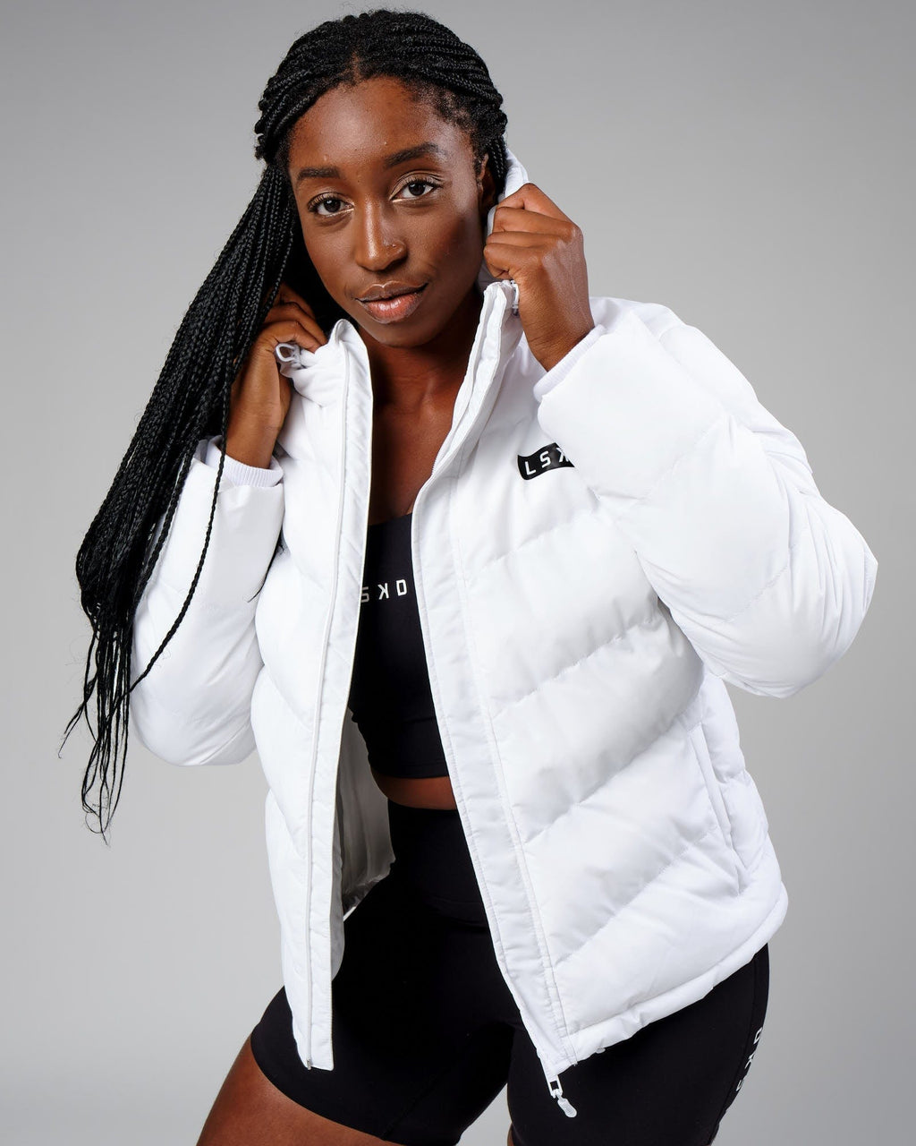 Model wearing Roasted Puffer Jacket 22 - White