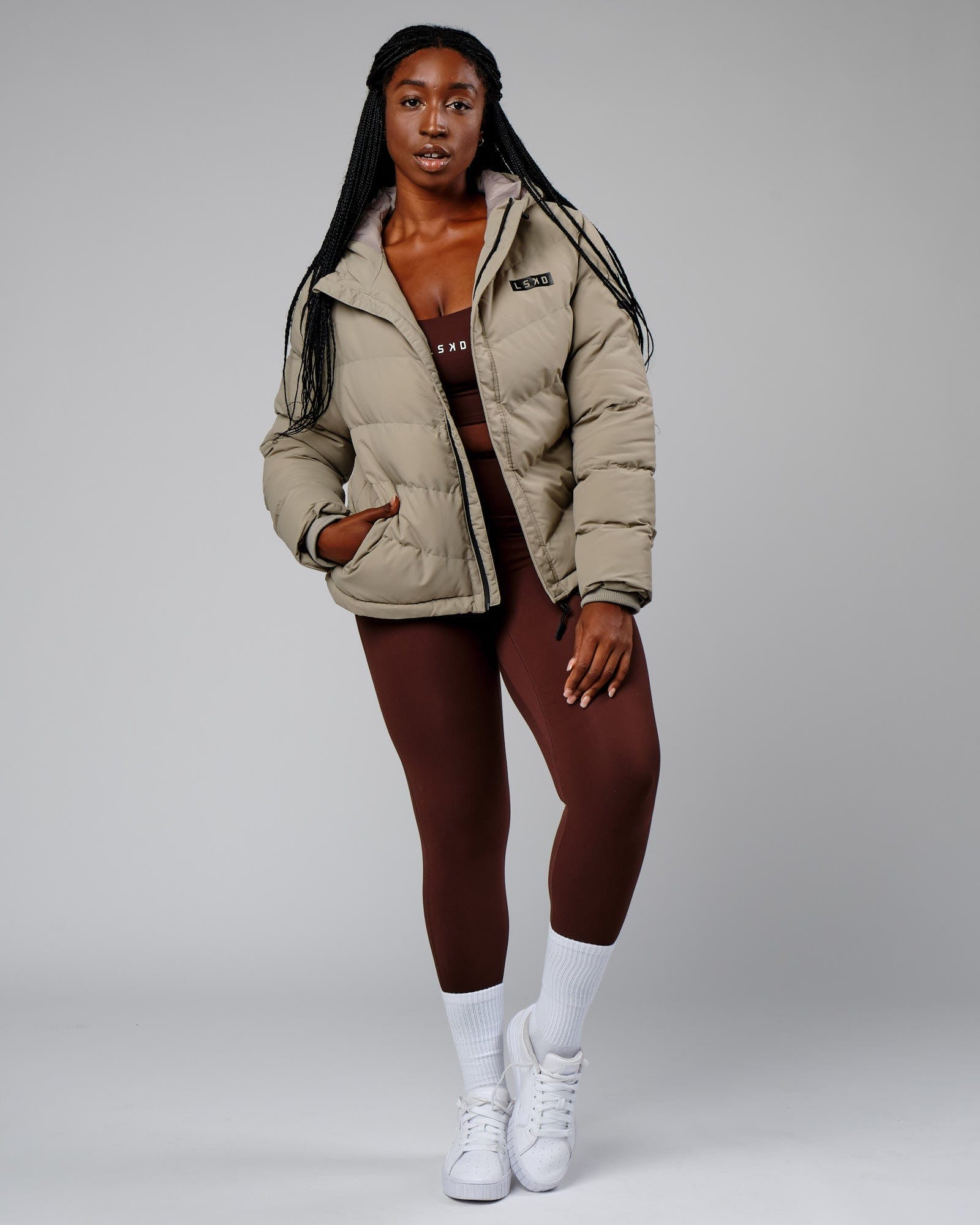 Model wearing Roasted Puffer Jacket 22 - Laurel Oak