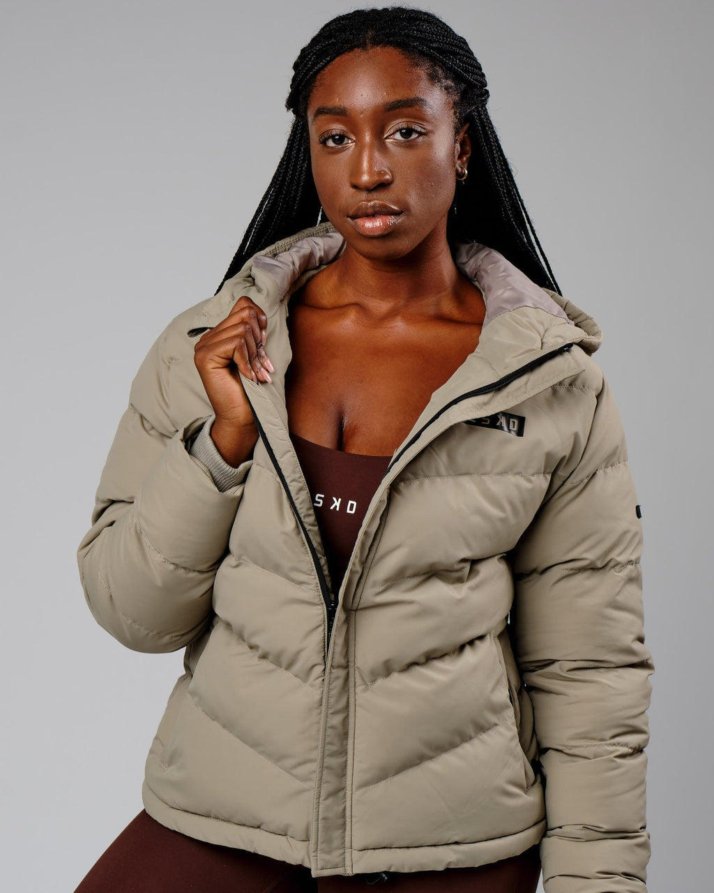 Model wearing Roasted Puffer Jacket 22 - Laurel Oak