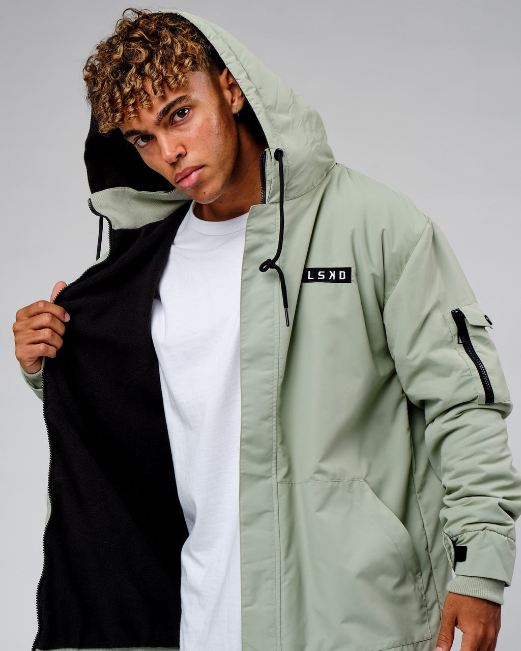 Model wearing Marshall Jacket - Desert Sage