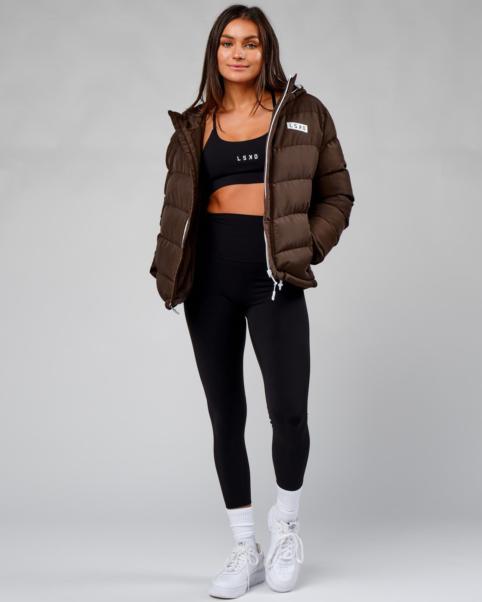 Model wearing Roasted Puffer Jacket 22 - Walnut