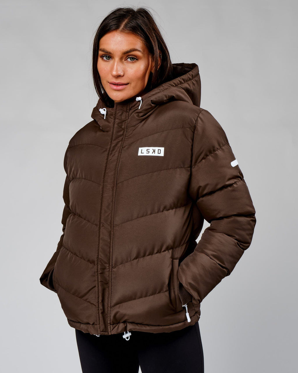 Model wearing Roasted Puffer Jacket 22 - Walnut