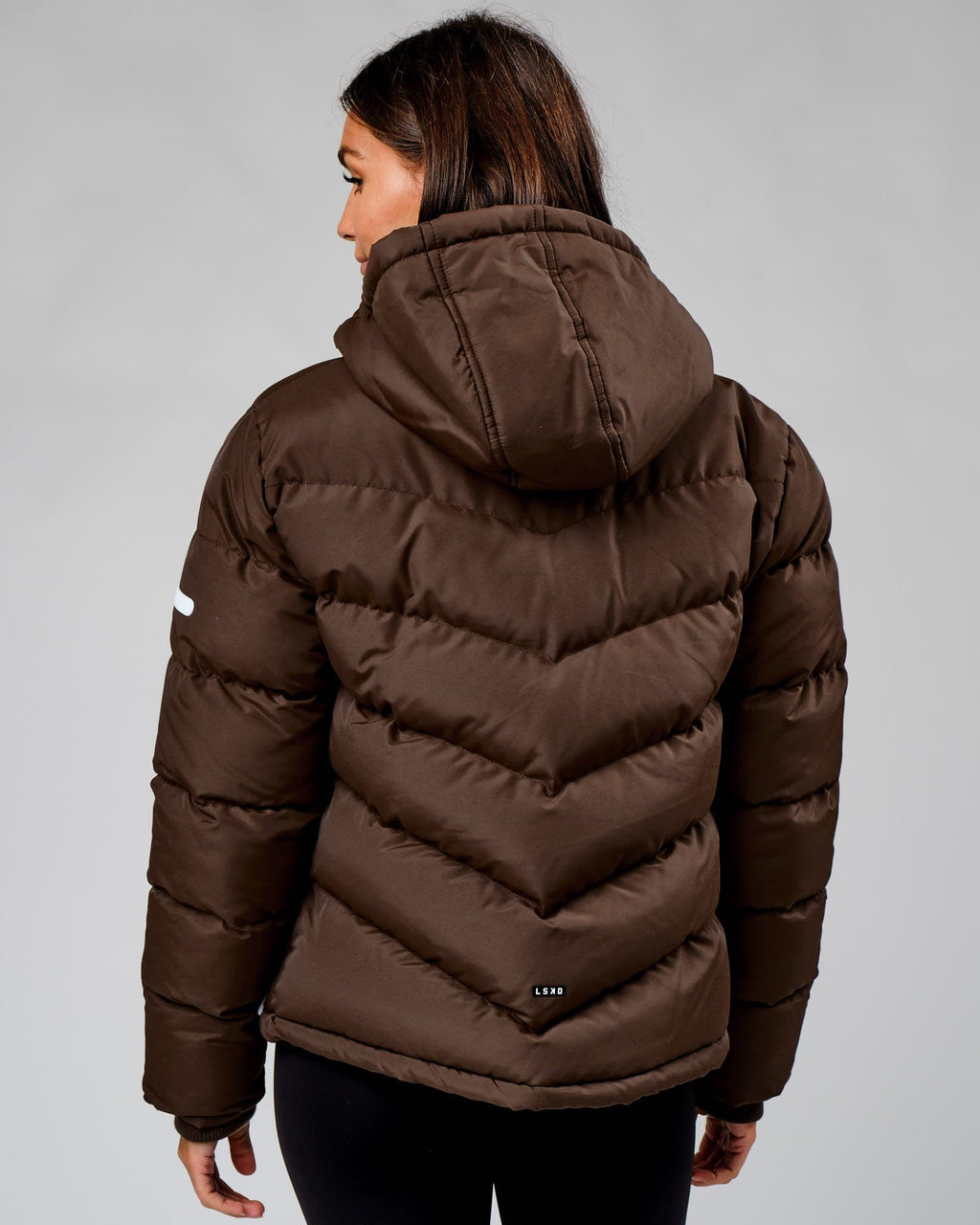 Model wearing Roasted Puffer Jacket 22 - Walnut