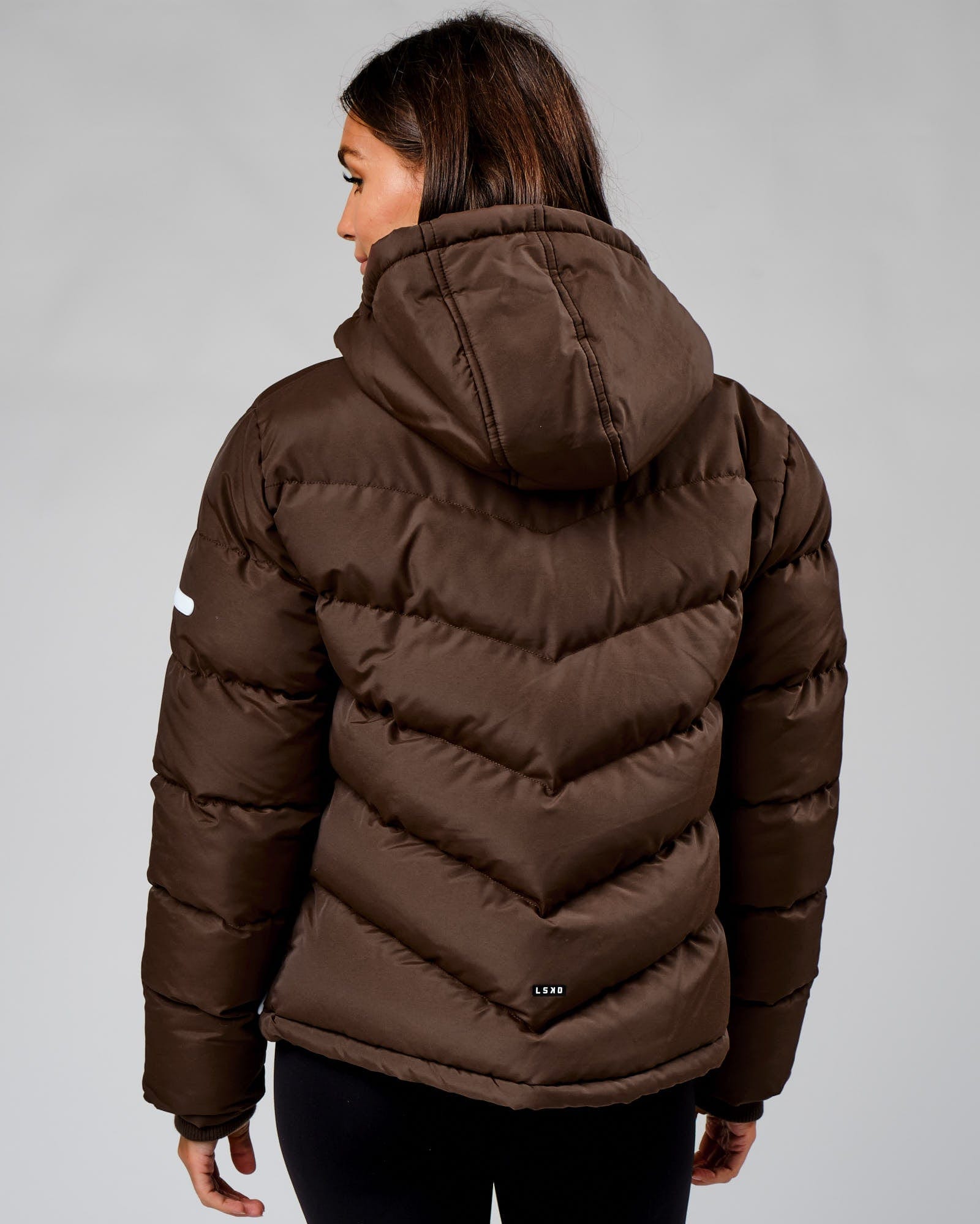 Model wearing Roasted Puffer Jacket 22 - Walnut