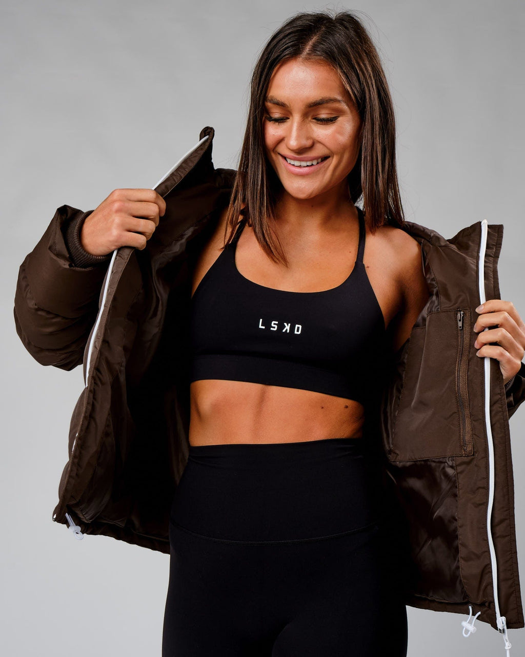 Model wearing Roasted Puffer Jacket 22 - Walnut