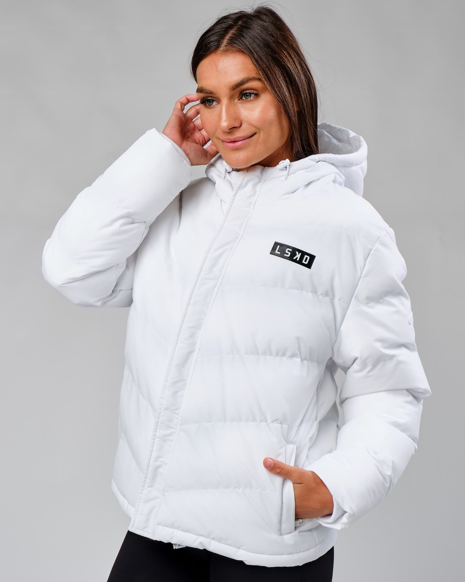 Model wearing Roasted Puffer Jacket 22 - White