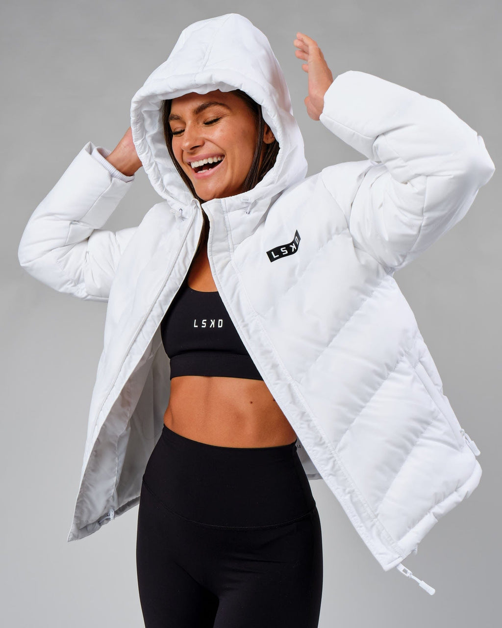 Model wearing Roasted Puffer Jacket 22 - White