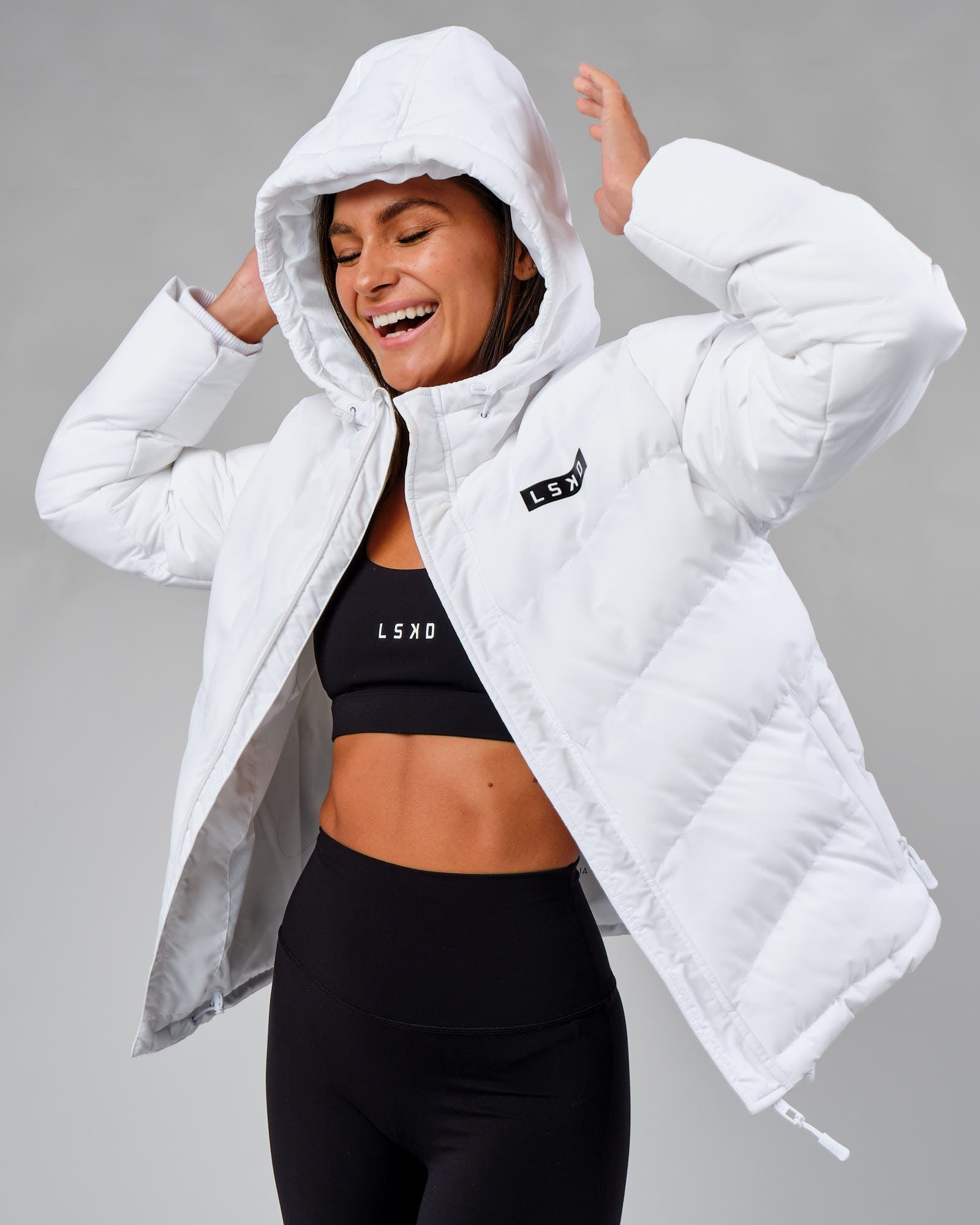 Model wearing Roasted Puffer Jacket 22 - White