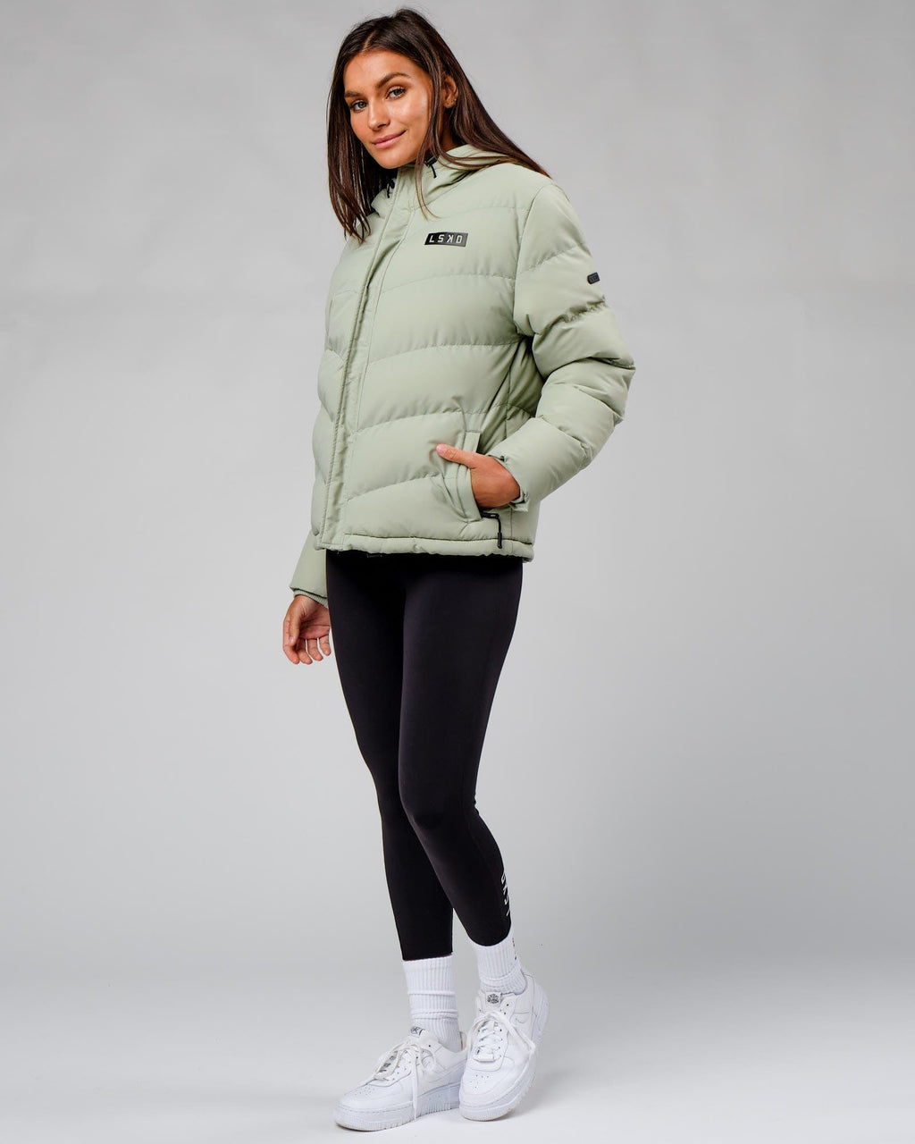 Model wearing Roasted Puffer Jacket 22 - Desert Sage