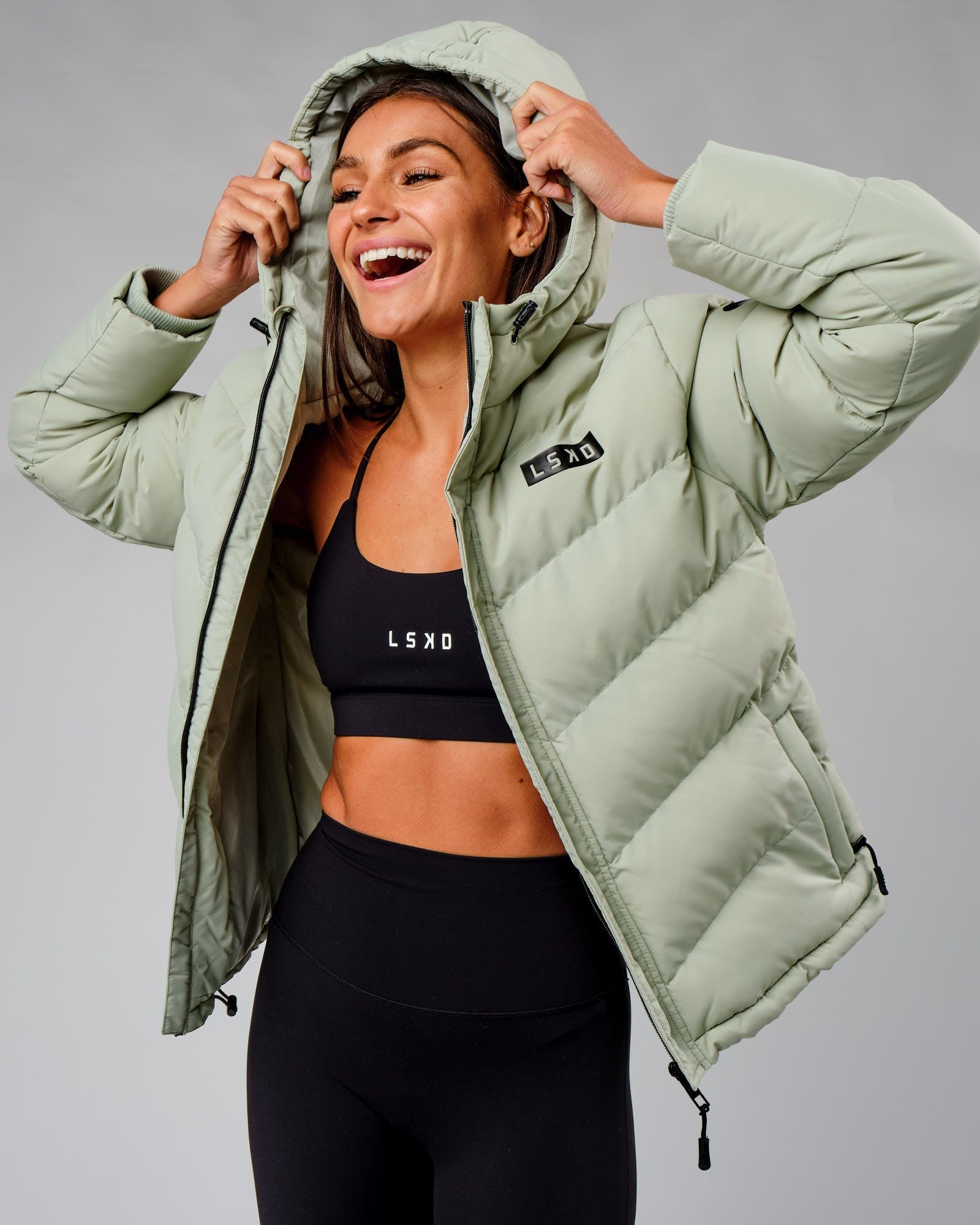 Model wearing Roasted Puffer Jacket 22 - Desert Sage