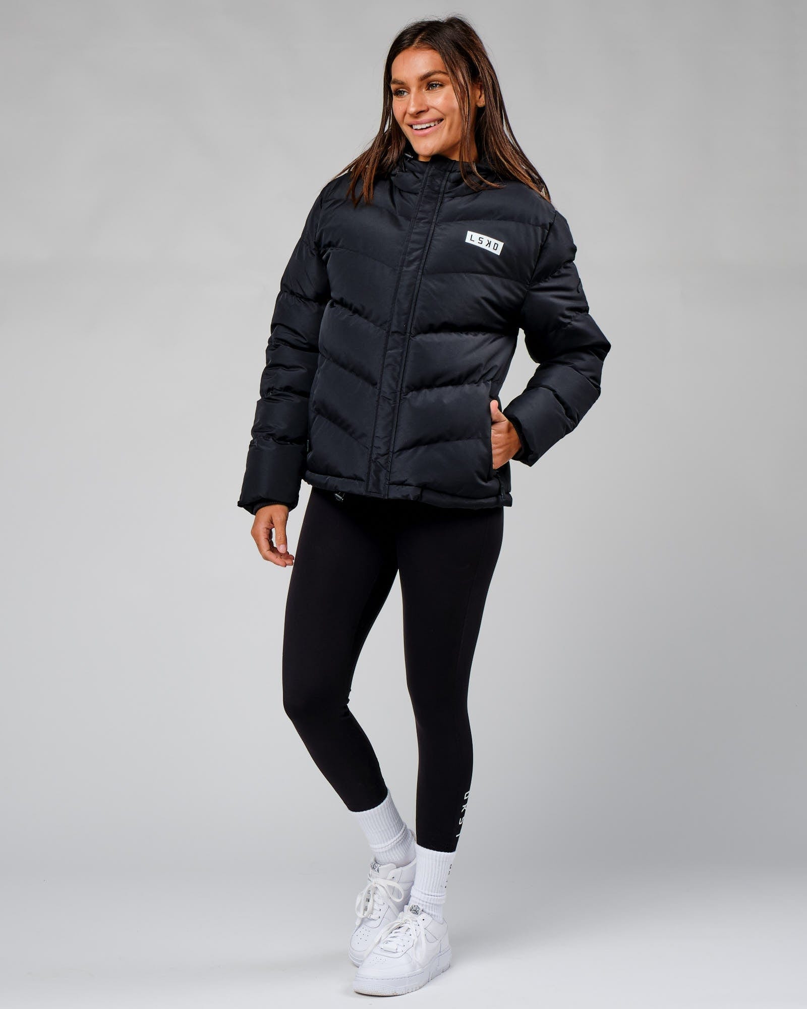 Model wearing Roasted Puffer Jacket 22 - Black