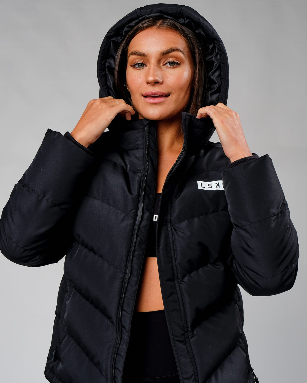 Model wearing Roasted Puffer Jacket 22 - Black