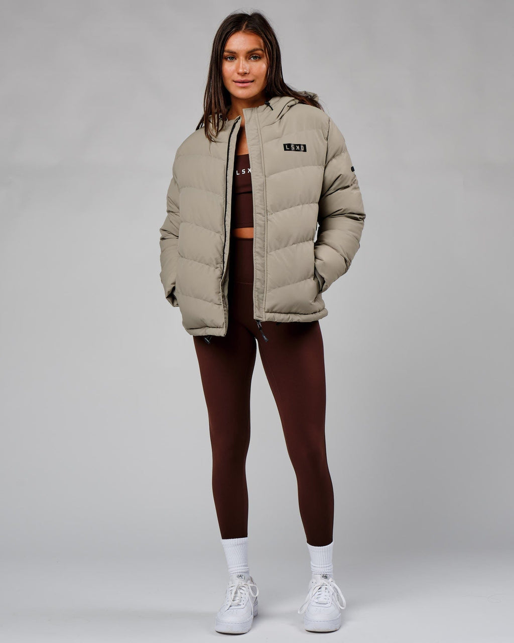 Model wearing Roasted Puffer Jacket 22 - Laurel Oak