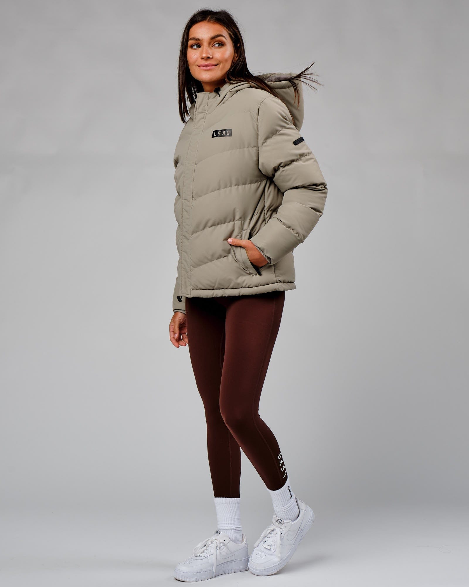 Model wearing Roasted Puffer Jacket 22 - Laurel Oak