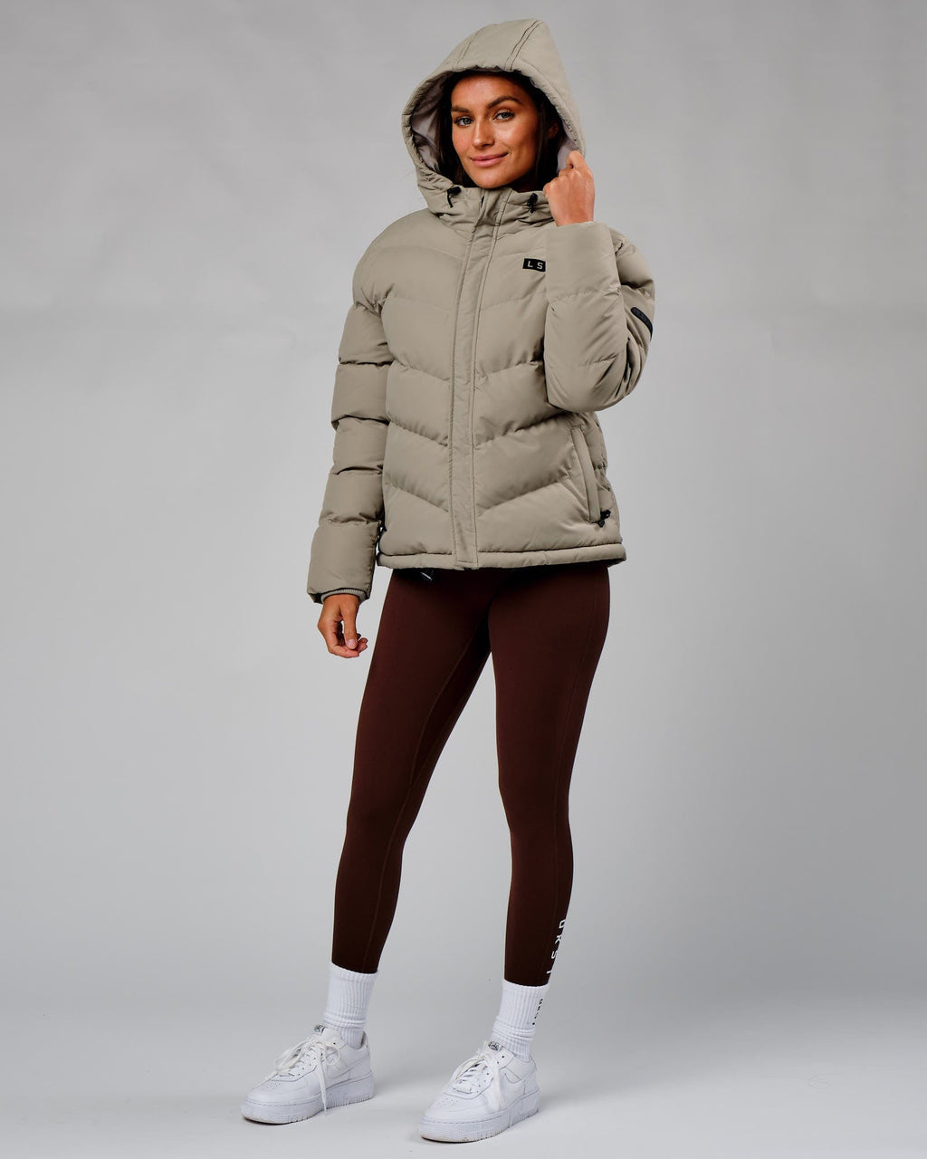 Model wearing Roasted Puffer Jacket 22 - Laurel Oak