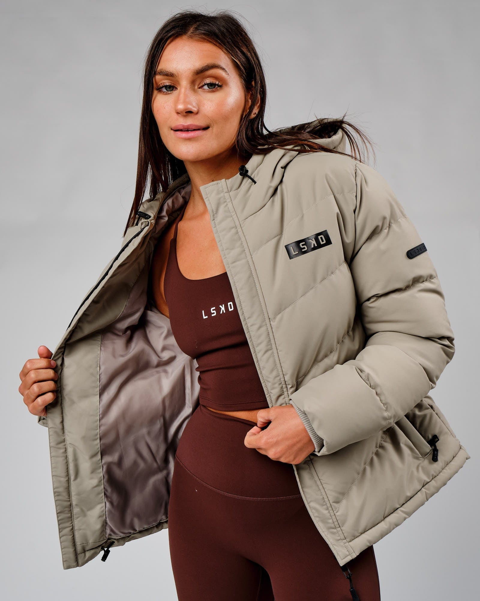 Model wearing Roasted Puffer Jacket 22 - Laurel Oak
