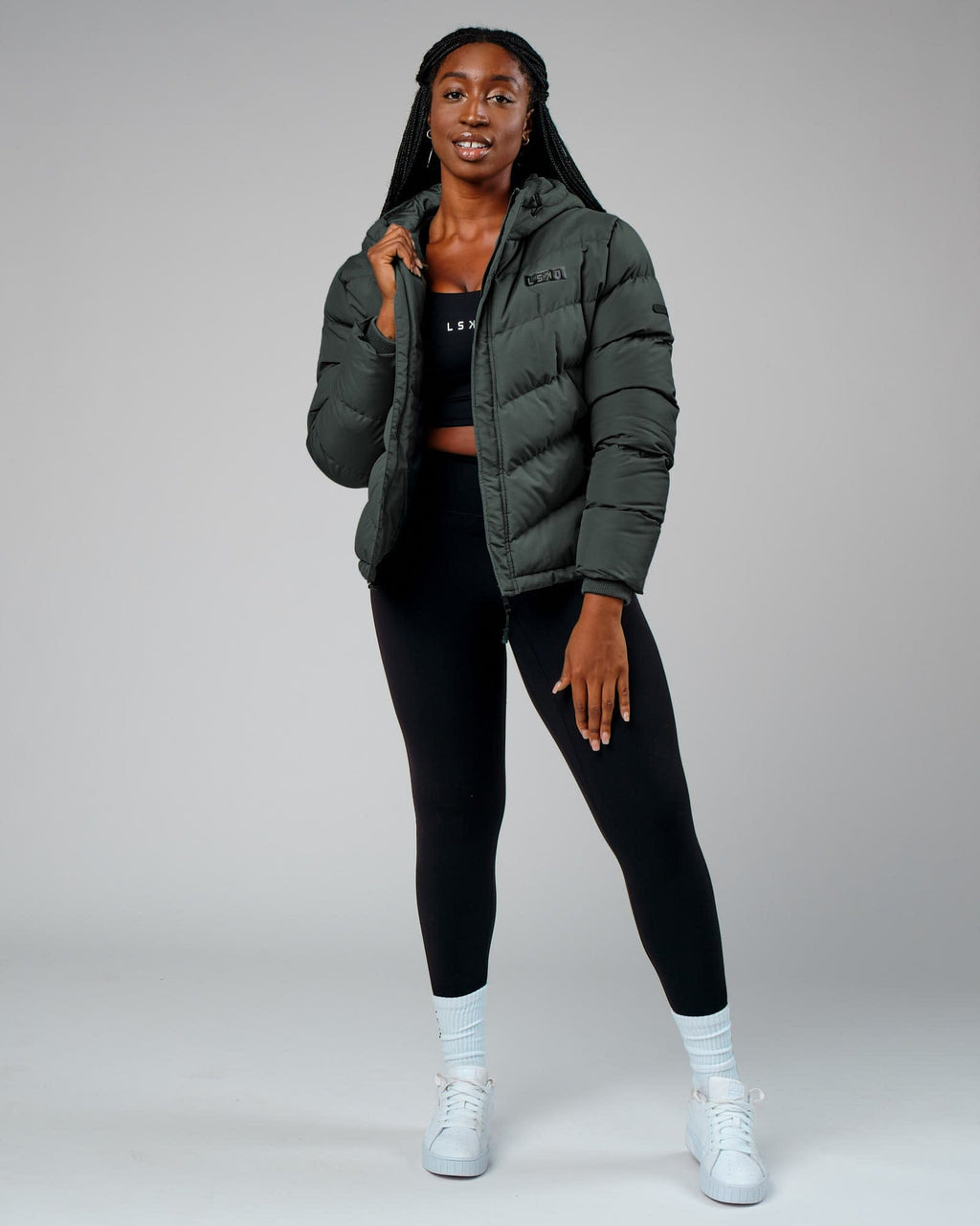 Model wearing Roasted Puffer Jacket 22 - Carbon Green