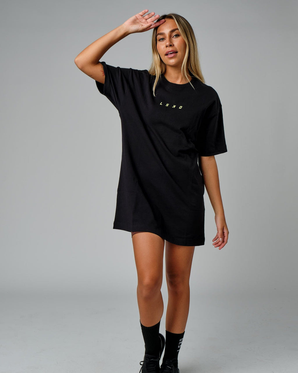 Model wearing Fixed Tee Dress - Black-Fluro Lime