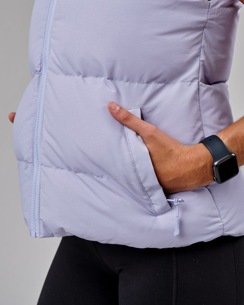 Model wearing Essential Puffer Vest - Cosmic Sky