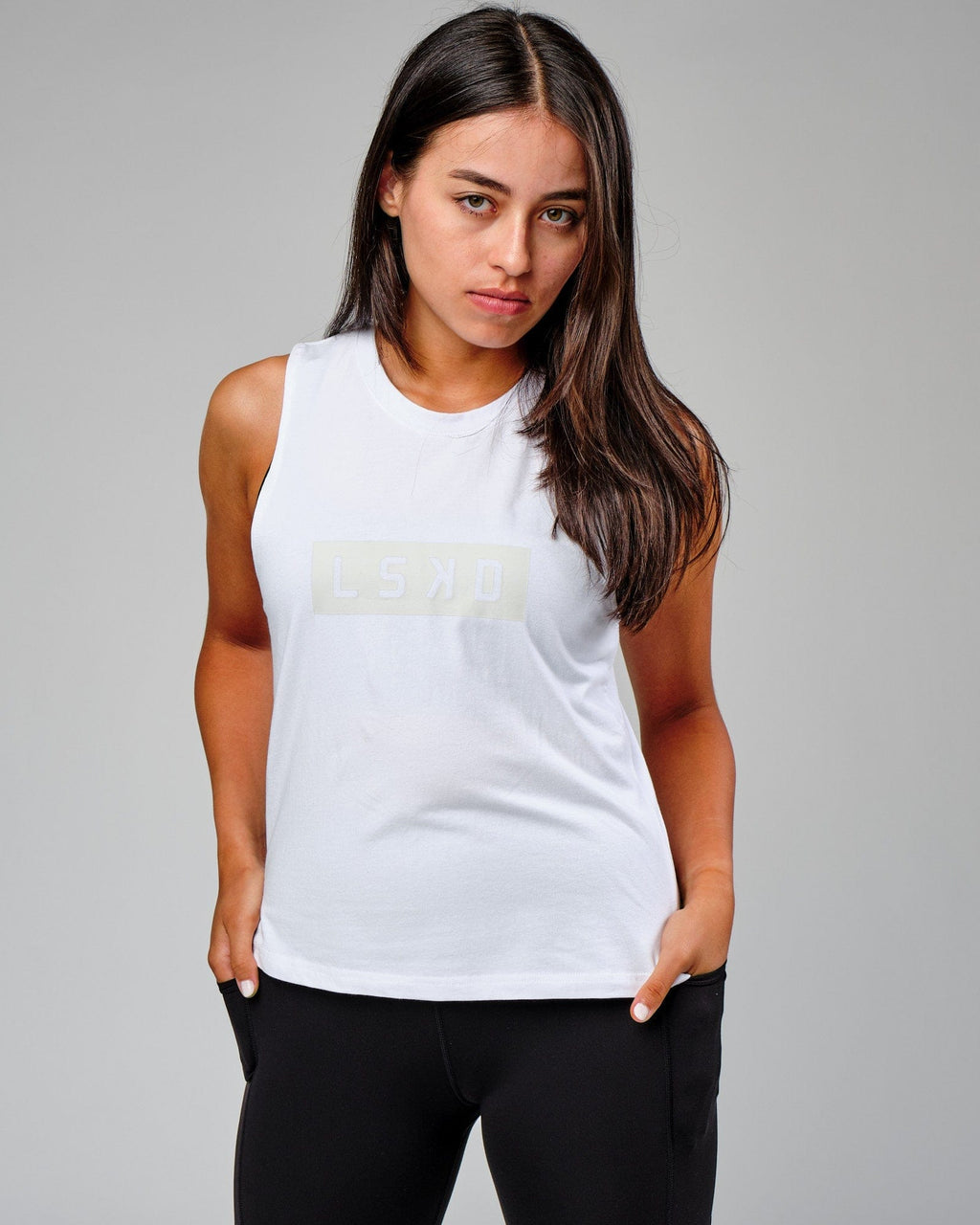 Model wearing Push Tank - White