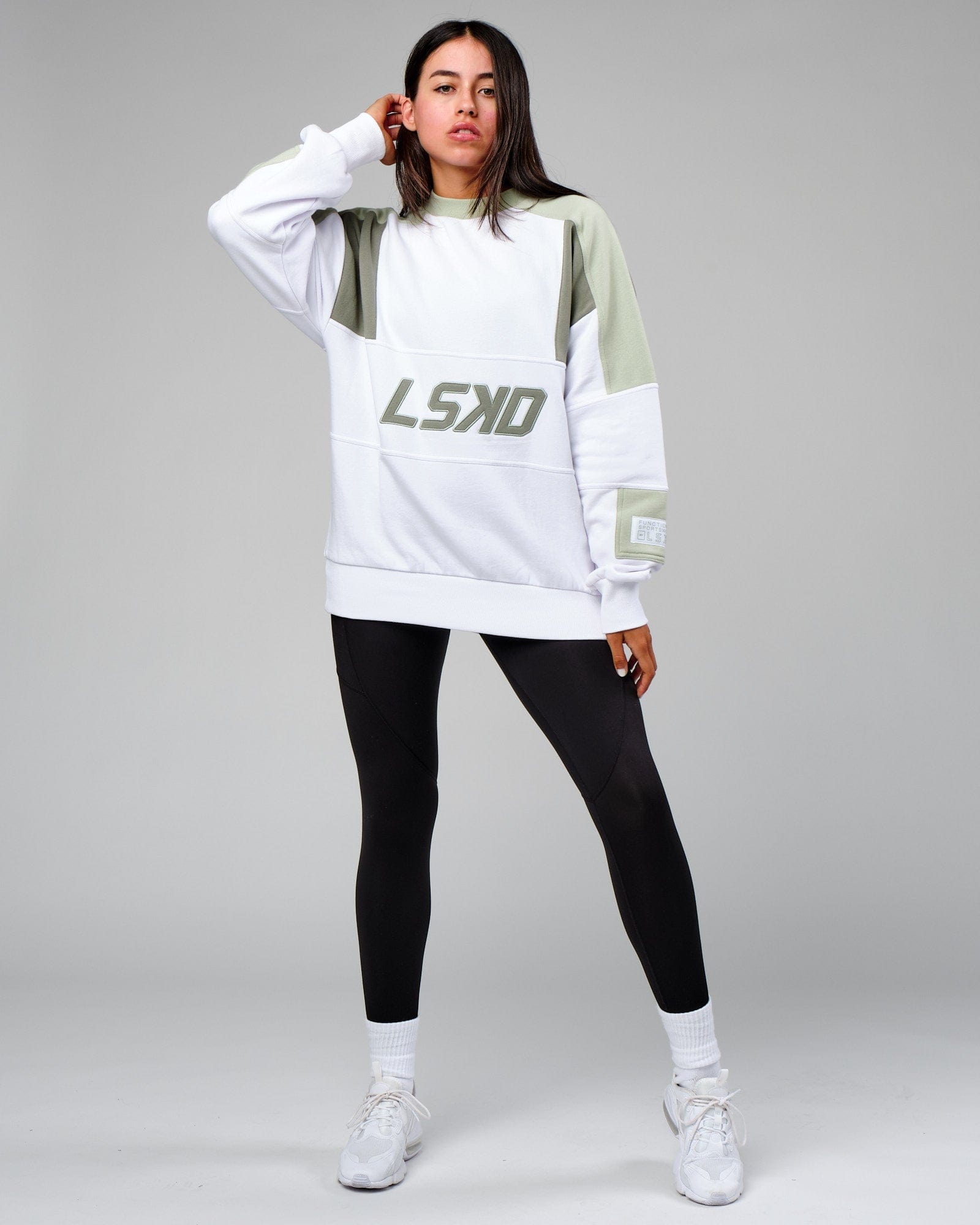 Model wearing Unisex Slam Sweater Oversize - White-Desert Sage
