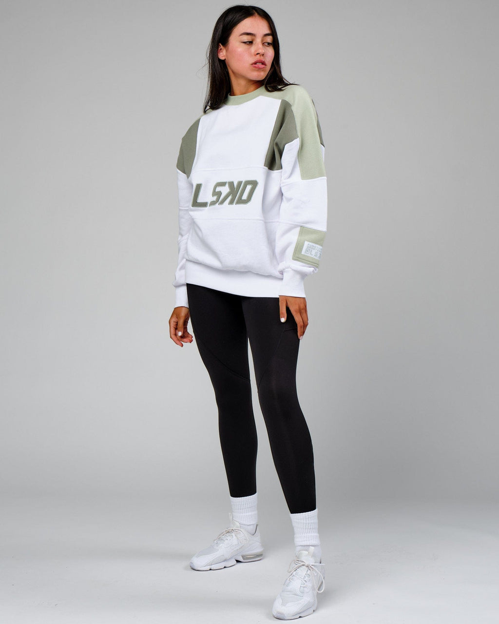 Model wearing Unisex Slam Sweater Oversize - White-Desert Sage