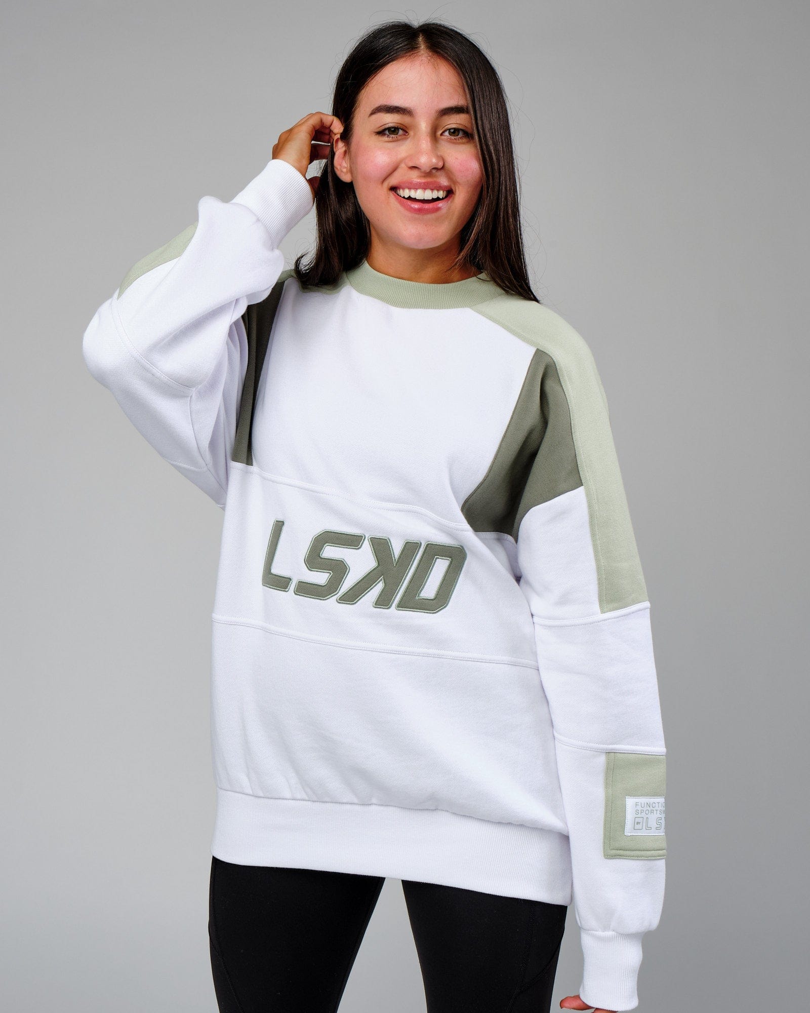 Model wearing Unisex Slam Sweater Oversize - White-Desert Sage