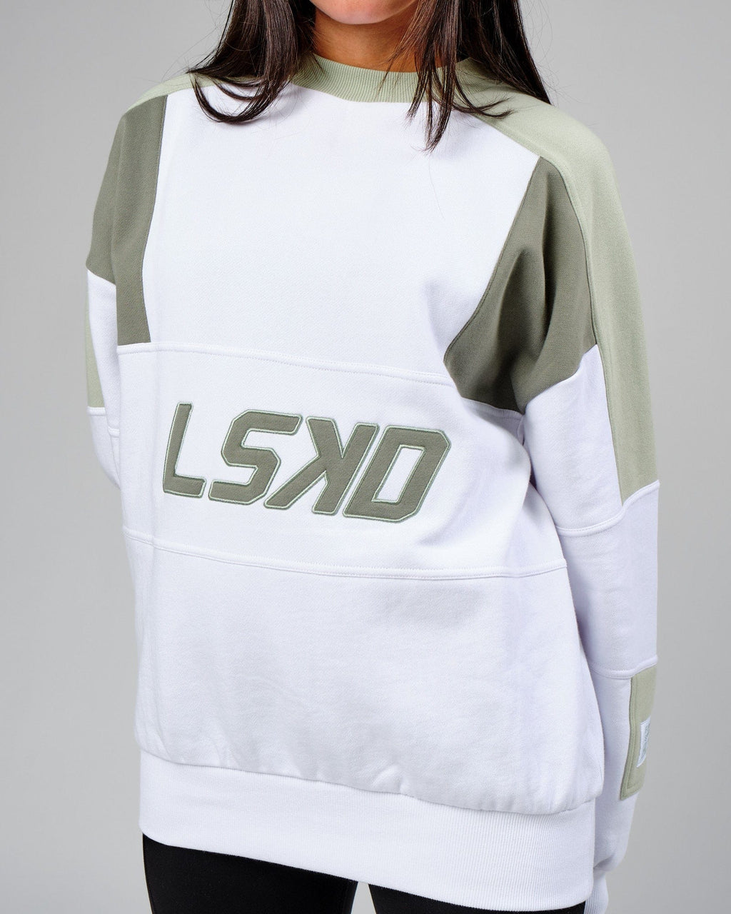 Model wearing Unisex Slam Sweater Oversize - White-Desert Sage