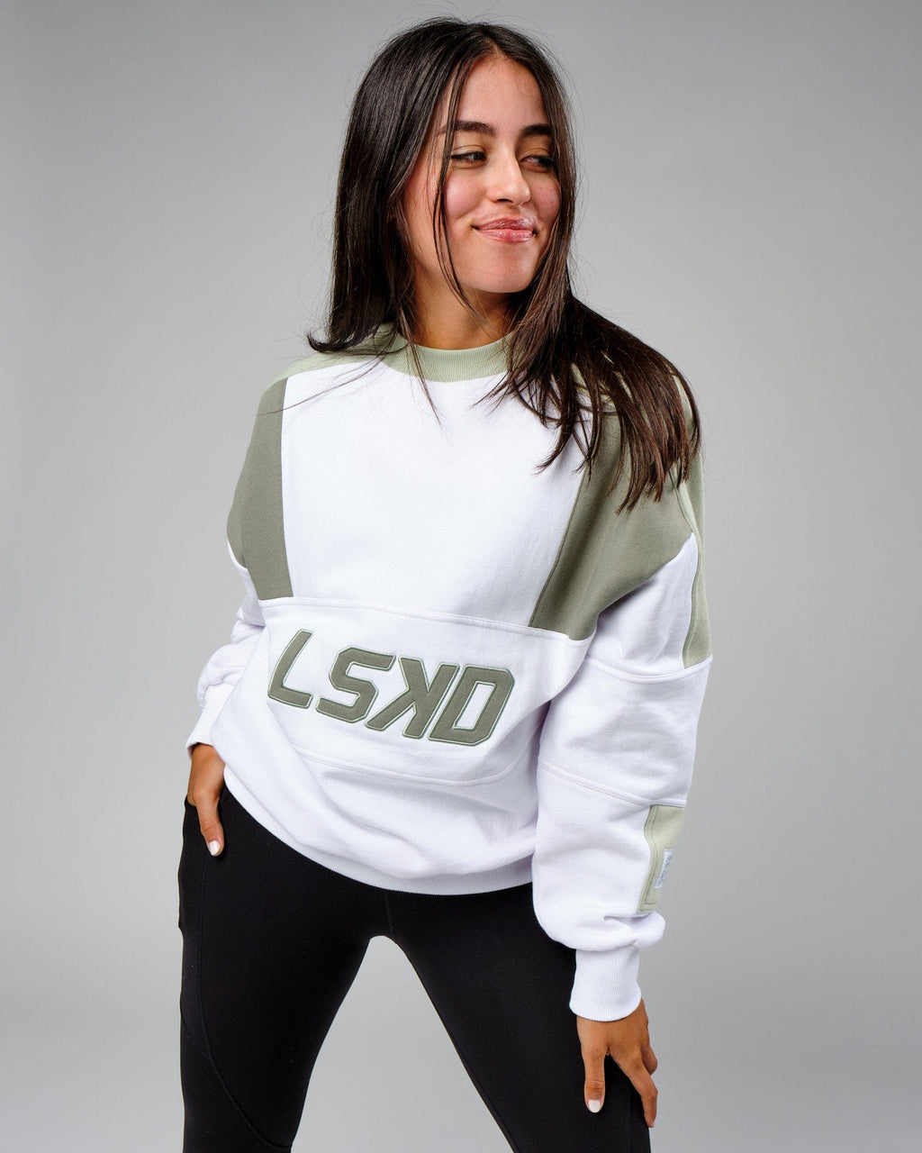 Model wearing Unisex Slam Sweater Oversize - White-Desert Sage