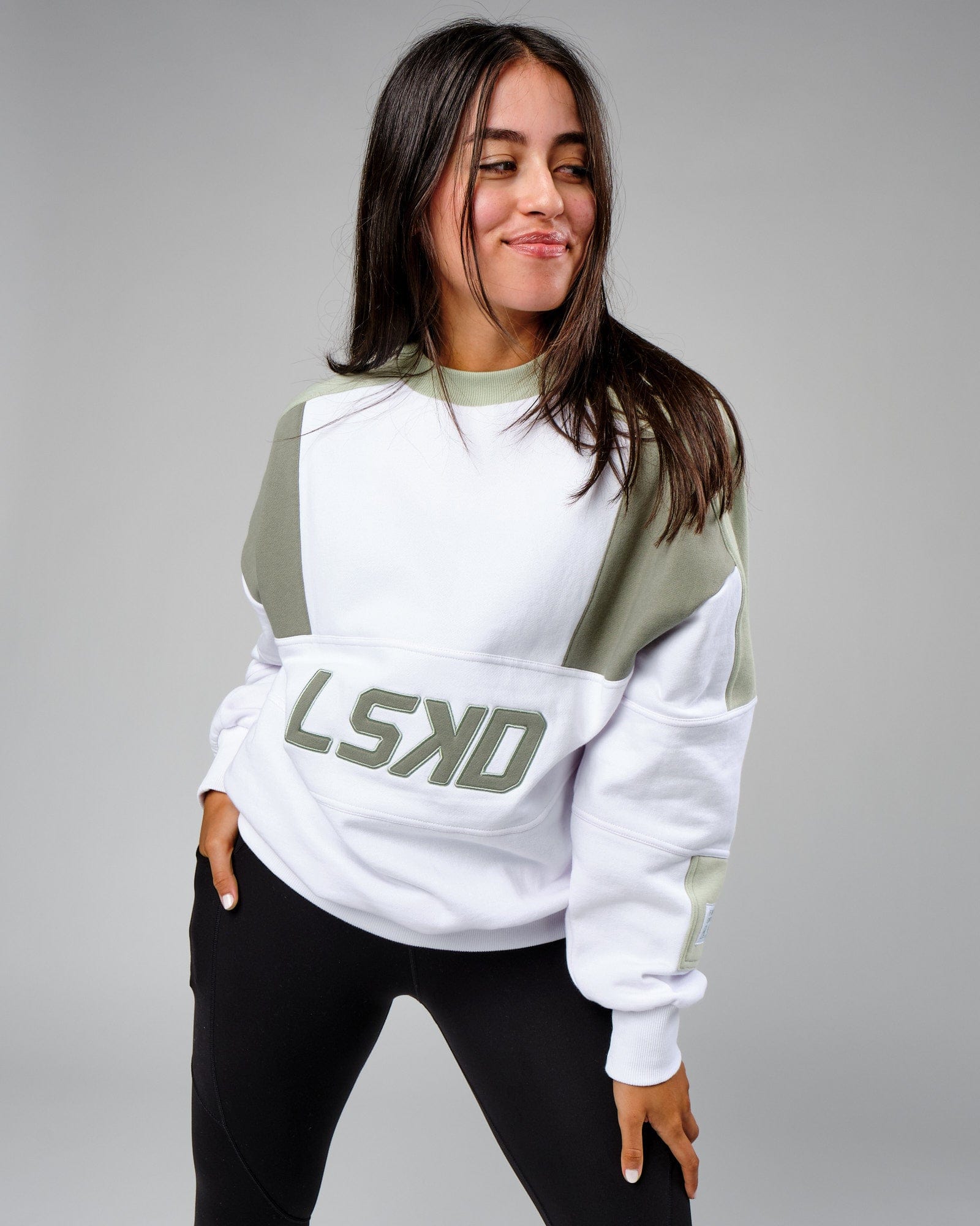 Model wearing Unisex Slam Sweater Oversize - White-Desert Sage