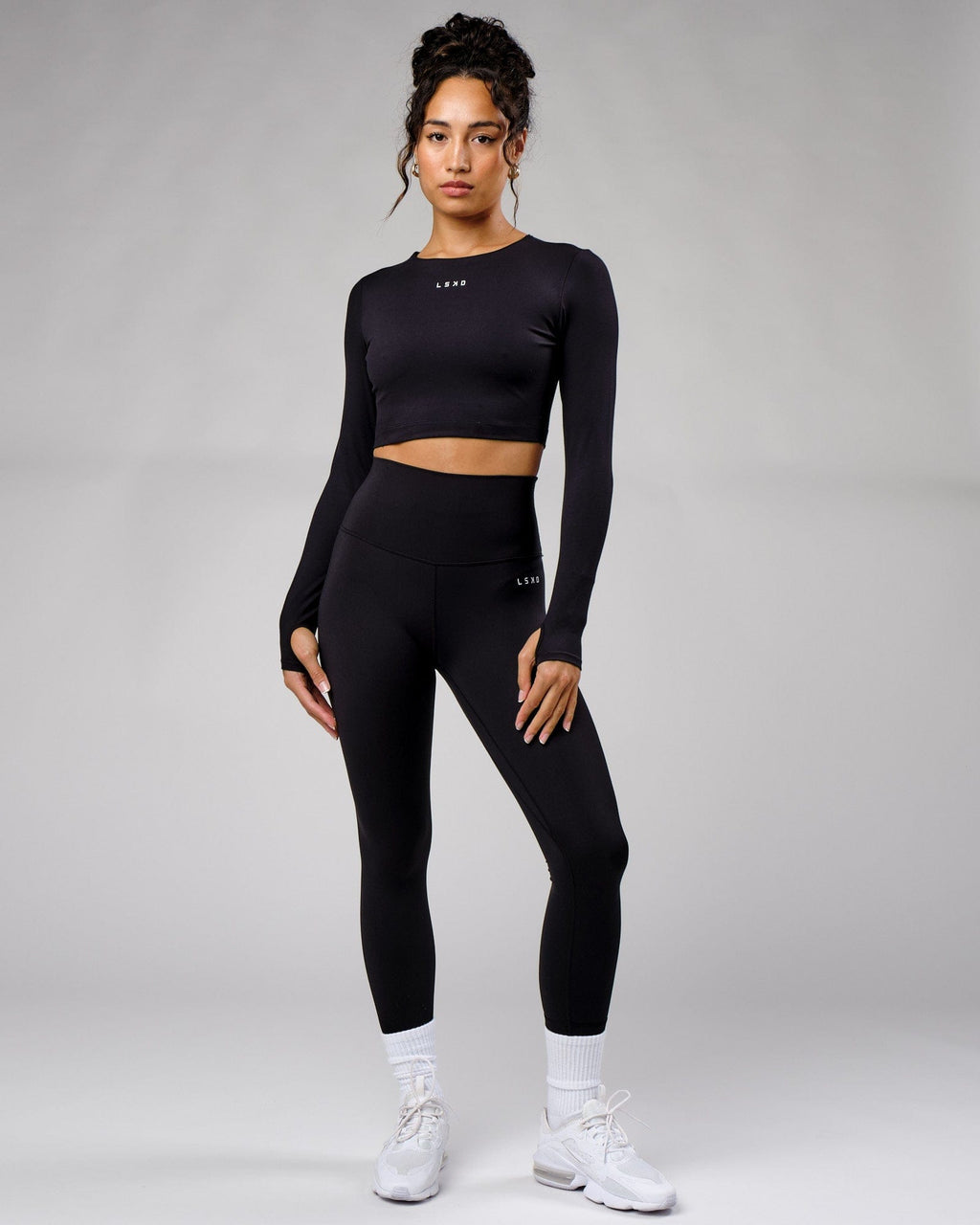 Model wearing Base LS Top - Black