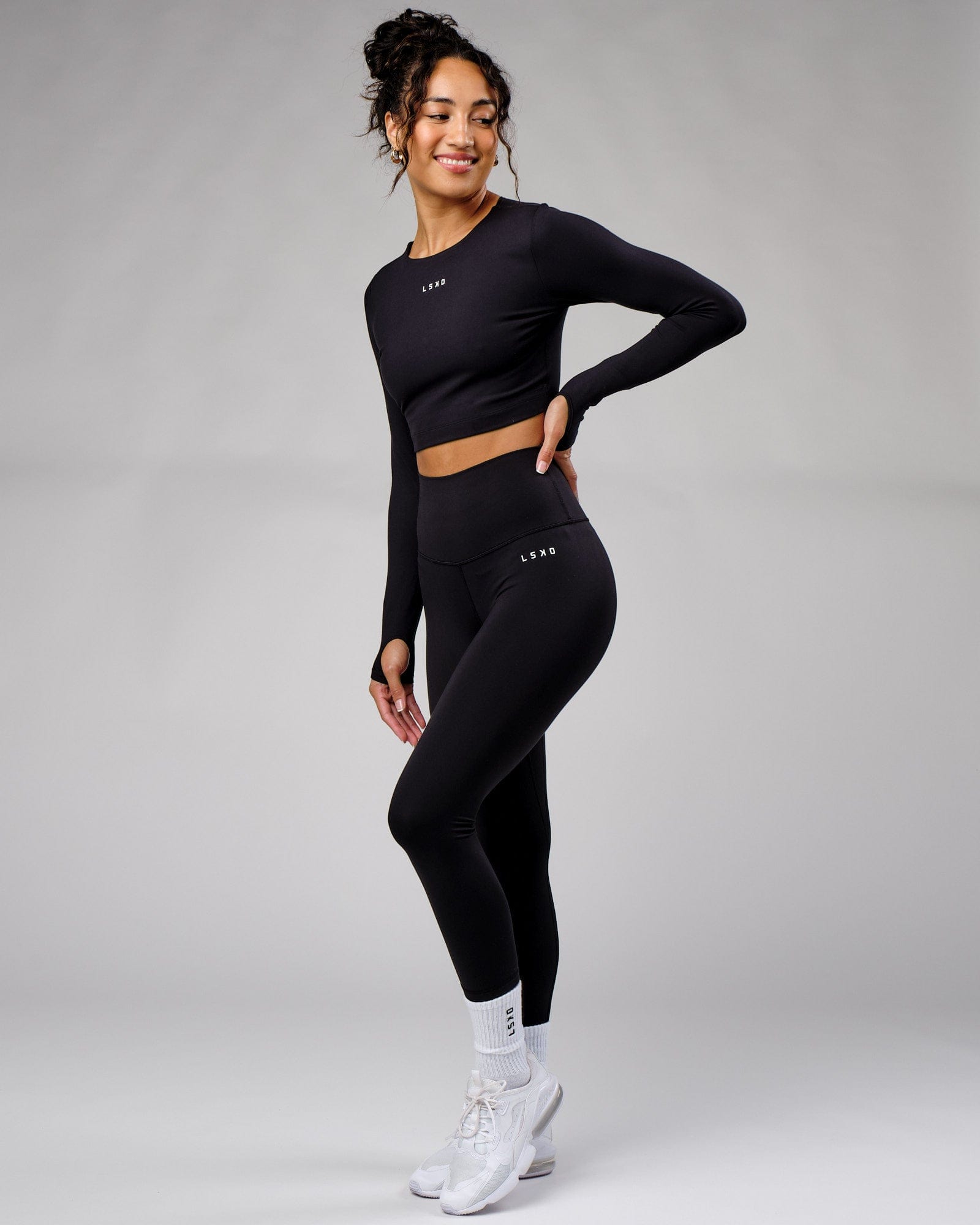 Model wearing Base LS Top - Black