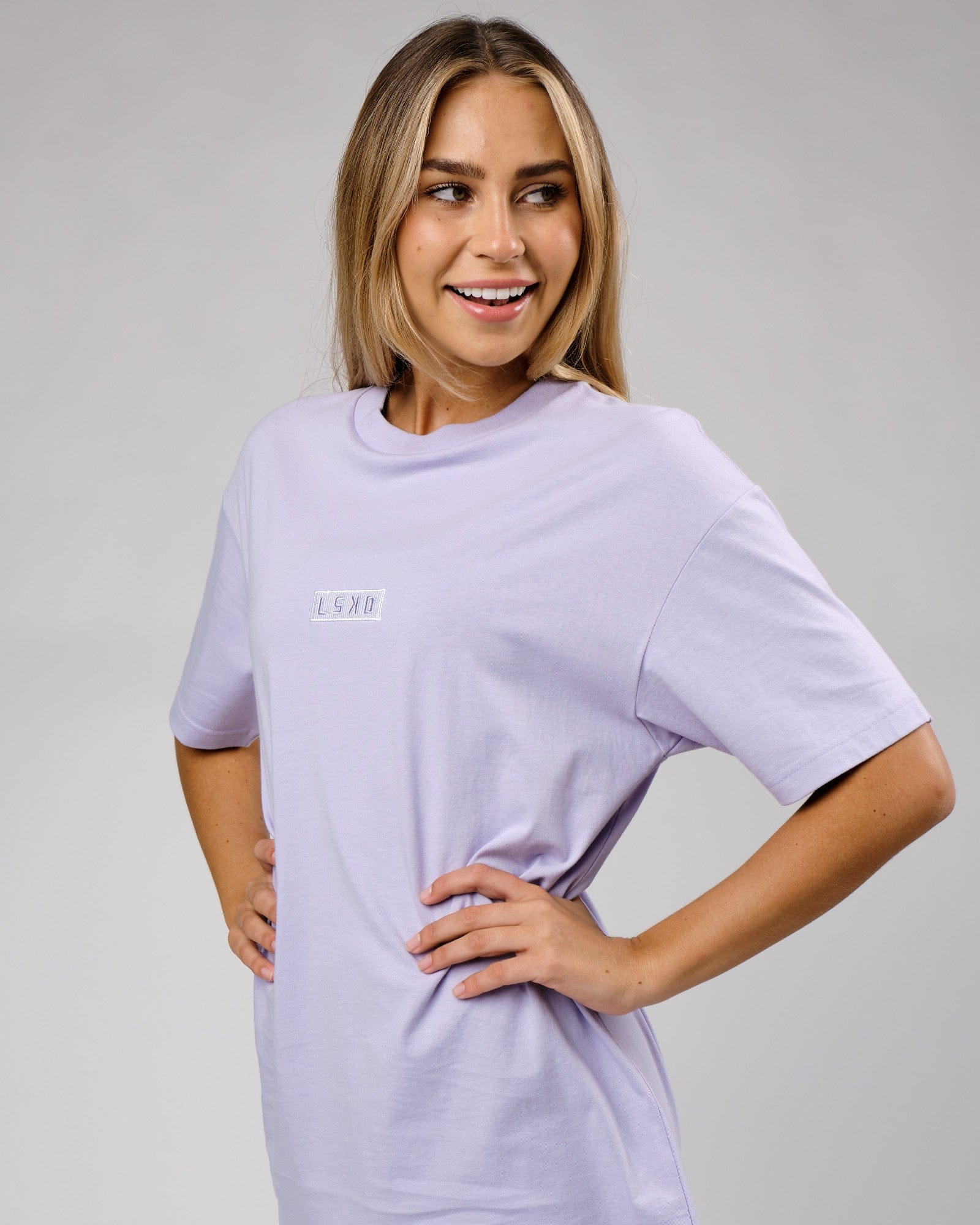 Model wearing Unisex Cornerstone Tee Oversize - Cosmic Sky