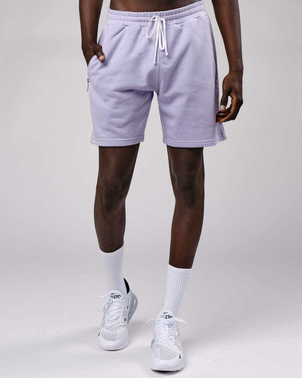 Model wearing Connor Track Short - Cosmic Sky