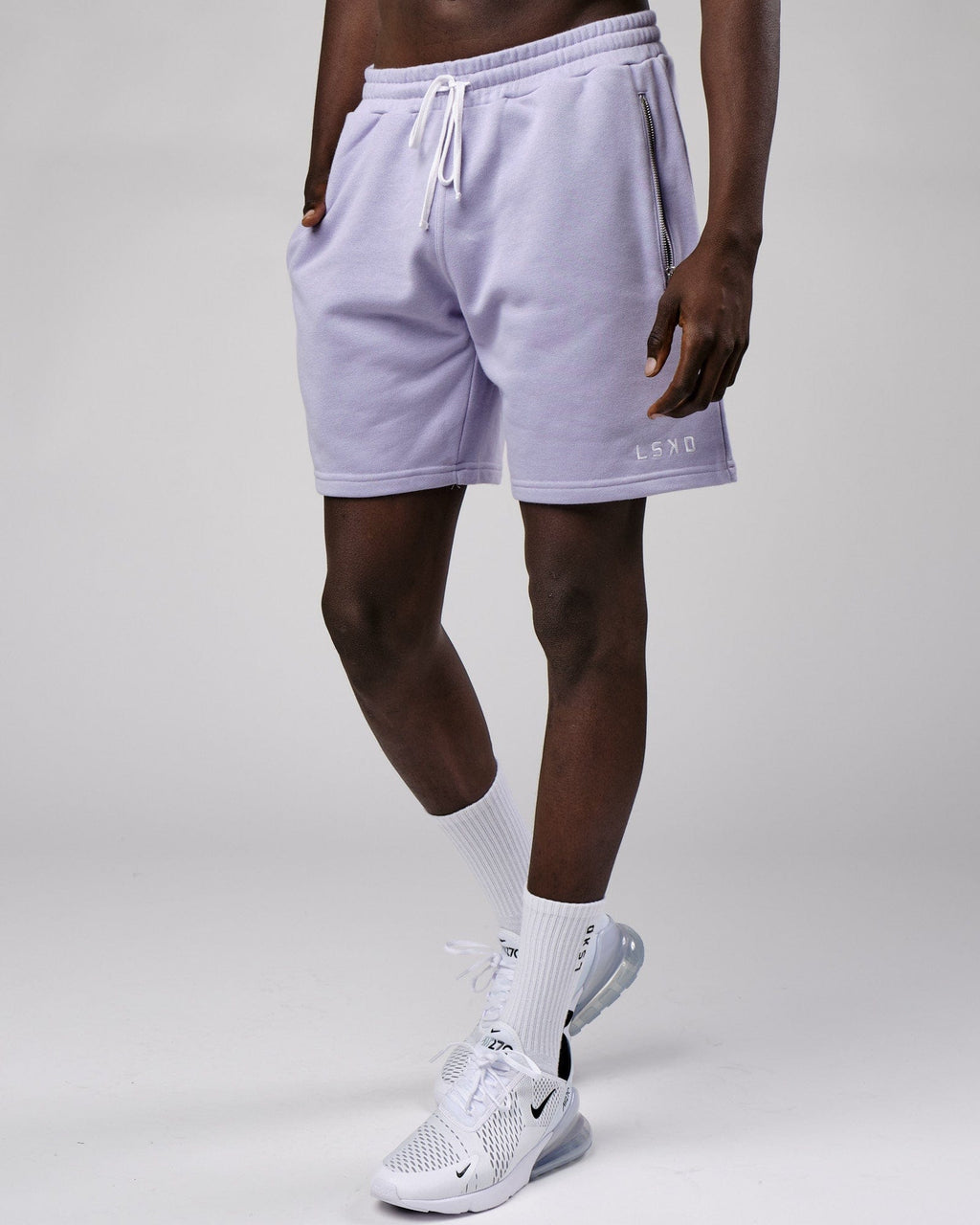 Model wearing Connor Track Short - Cosmic Sky