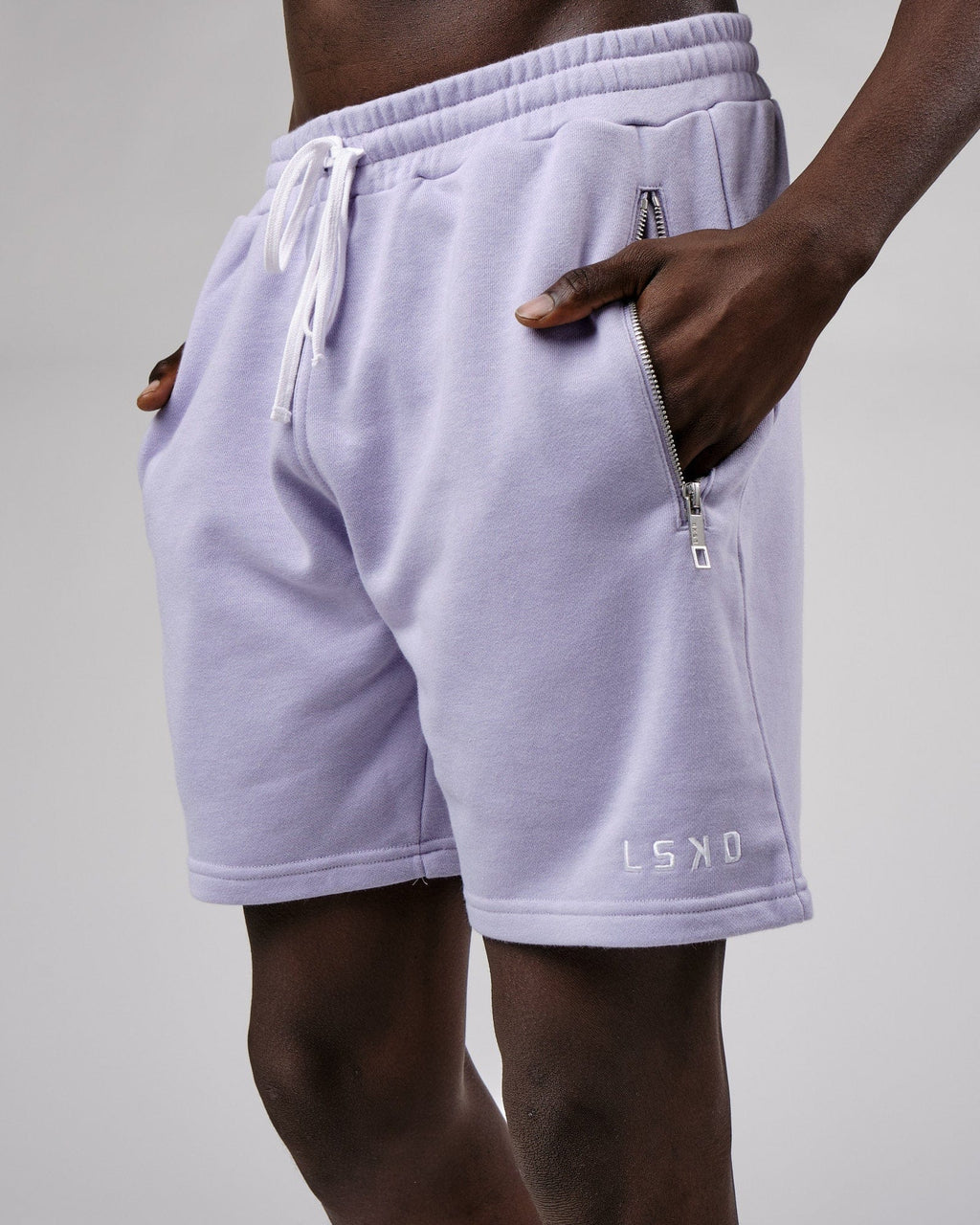 Model wearing Connor Track Short - Cosmic Sky