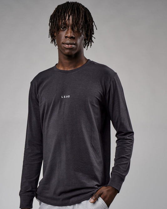 Model wearing Base LS Tee - Phantom