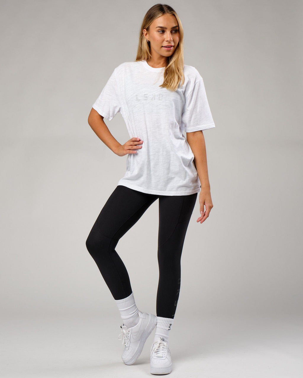 Model wearing Structure Slub Tee - White