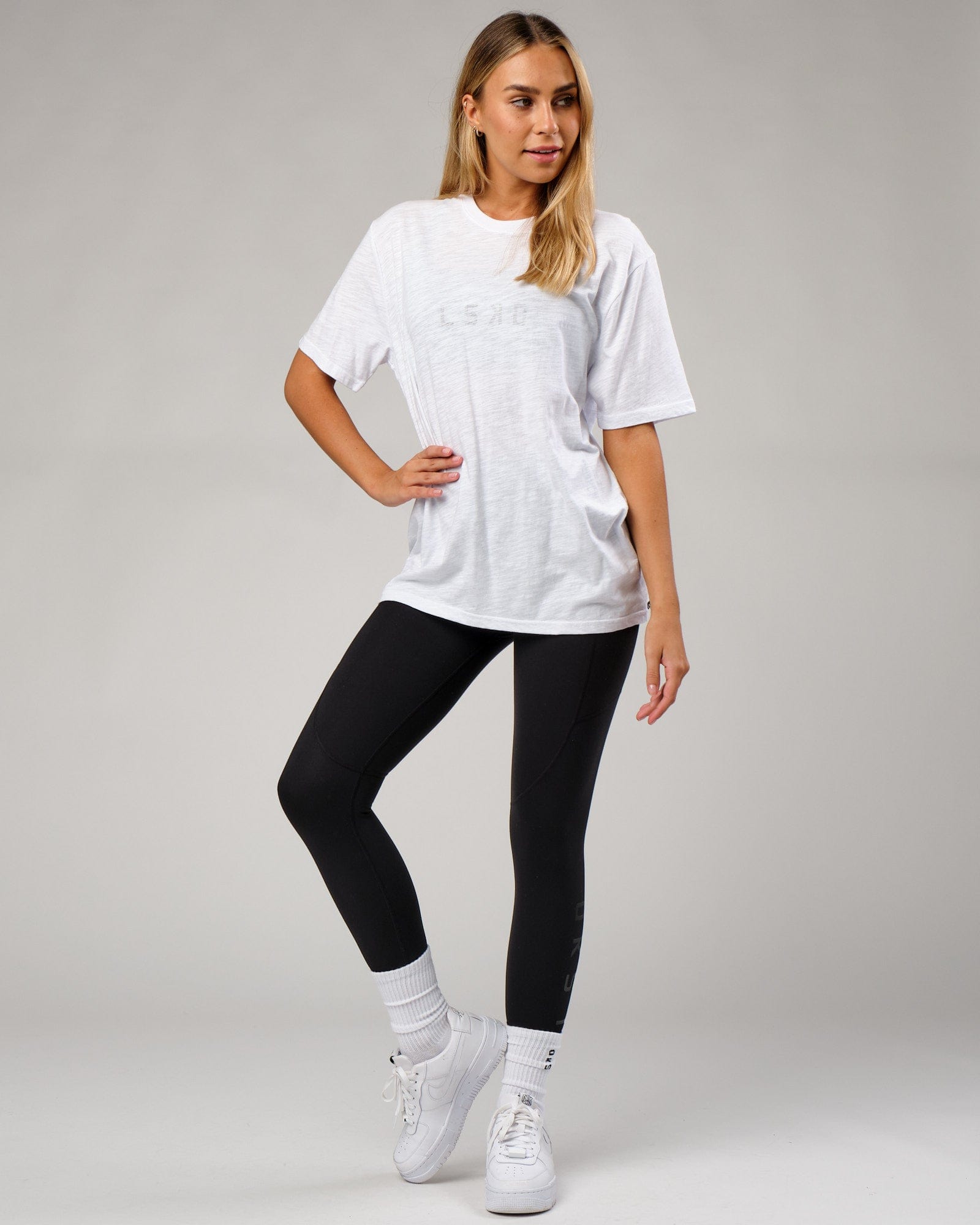 Model wearing Structure Slub Tee - White