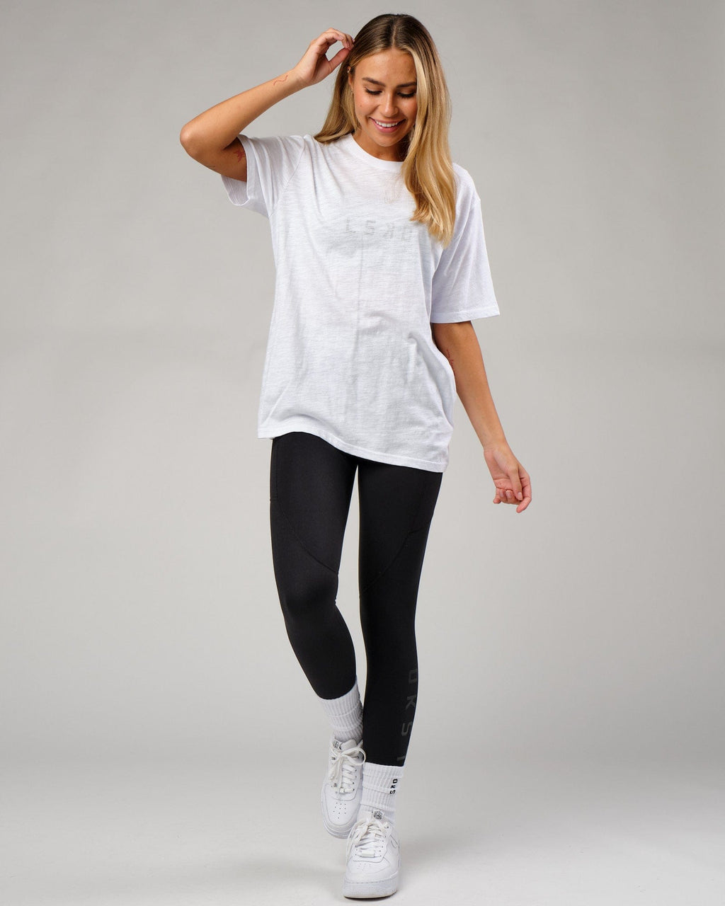 Model wearing Structure Slub Tee - White