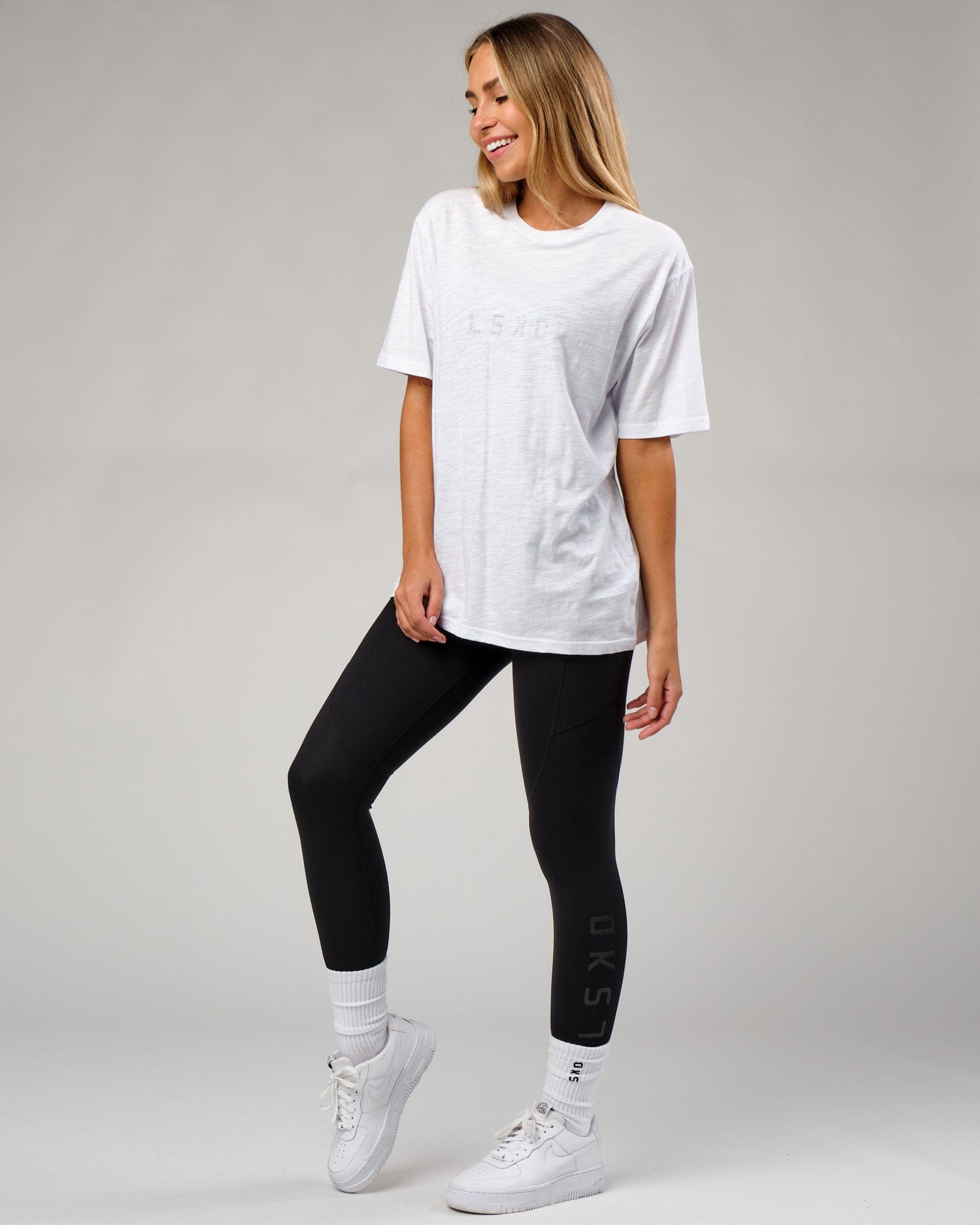 Model wearing Structure Slub Tee - White