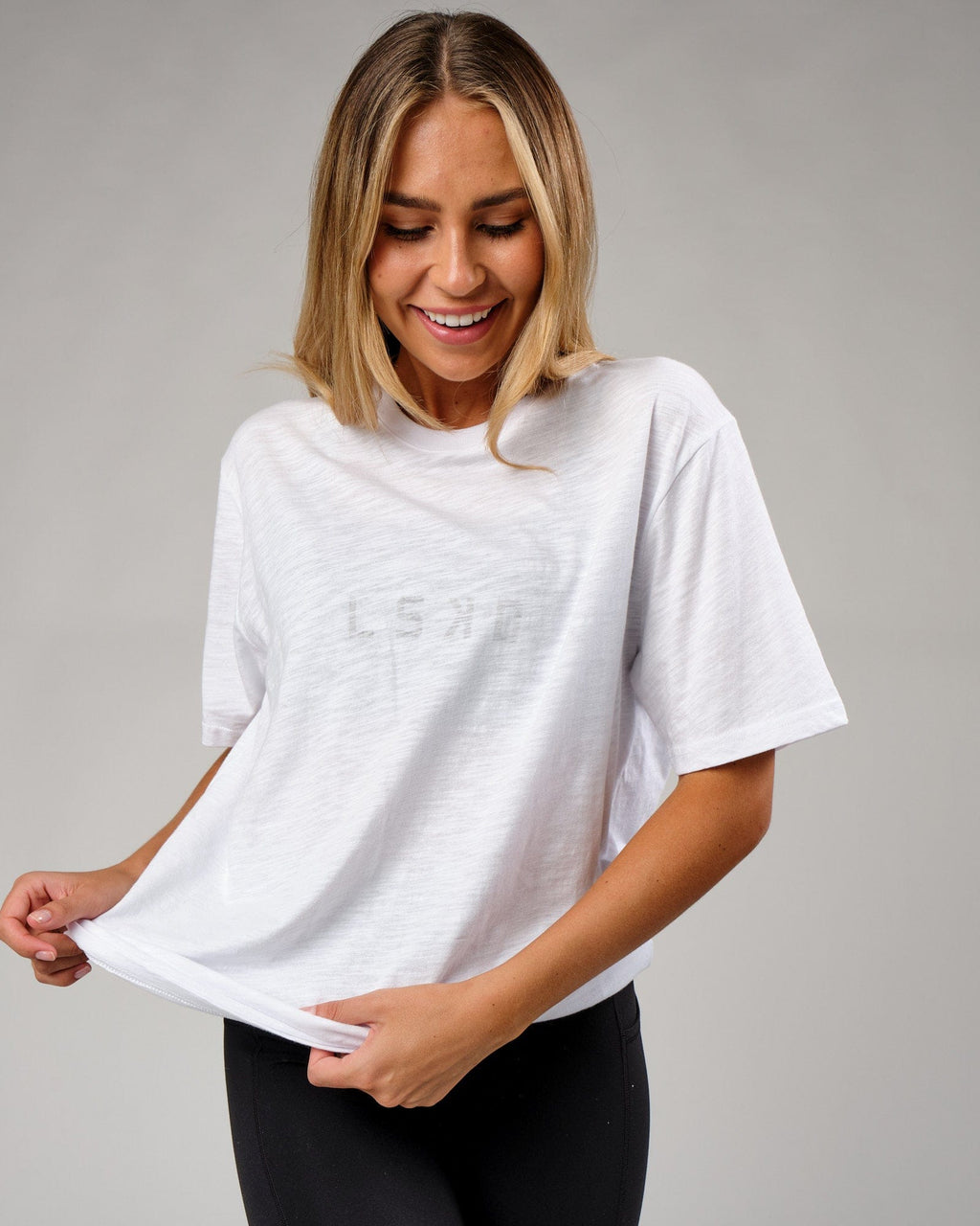 Model wearing Structure Slub Tee - White