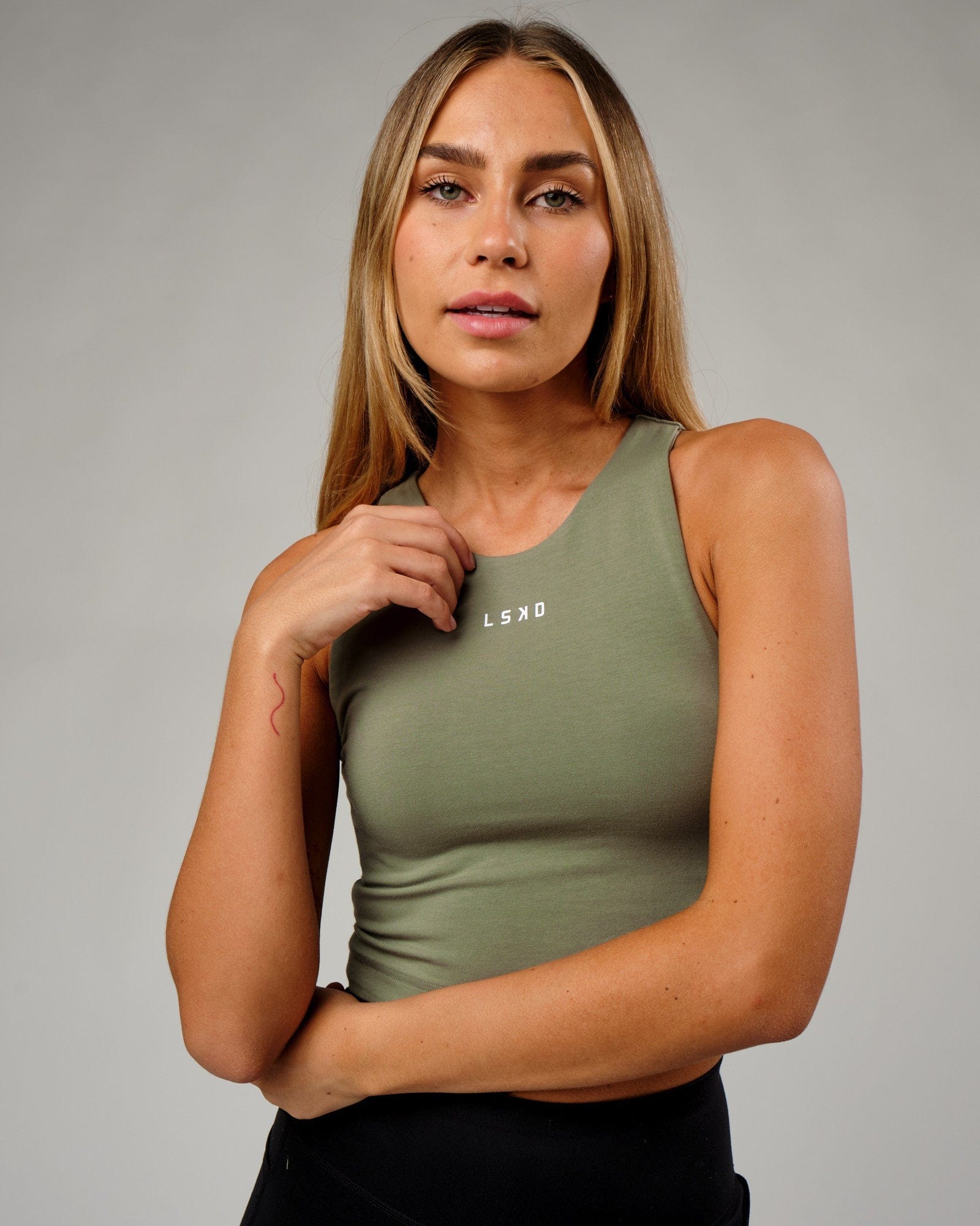 Model wearing Warm-Up Tank - Sea Spray