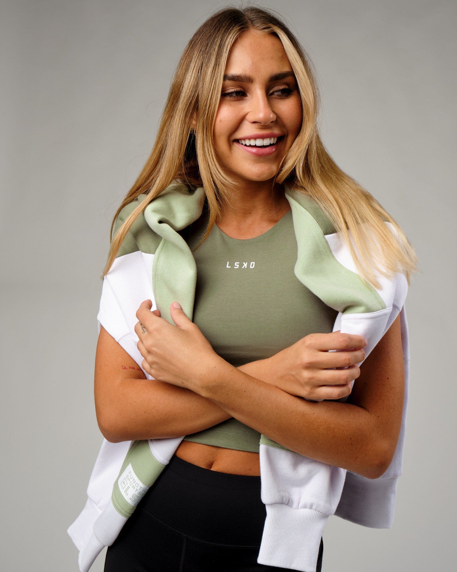 Model wearing Warm-Up Tank - Sea Spray