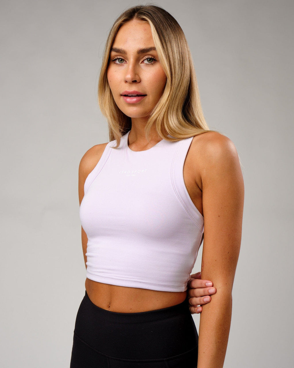 Model wearing Run Tank - Light Cosmic Sky