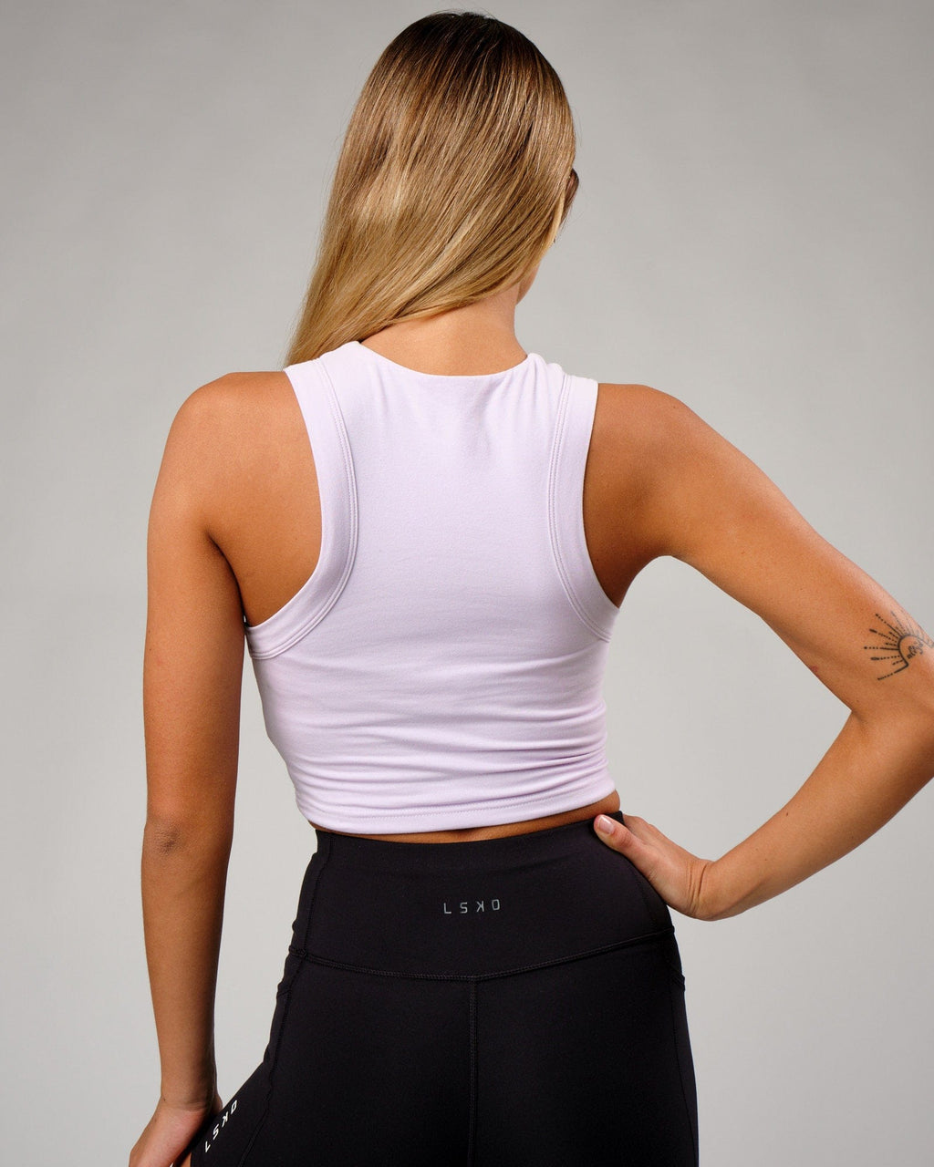 Model wearing Run Tank - Light Cosmic Sky