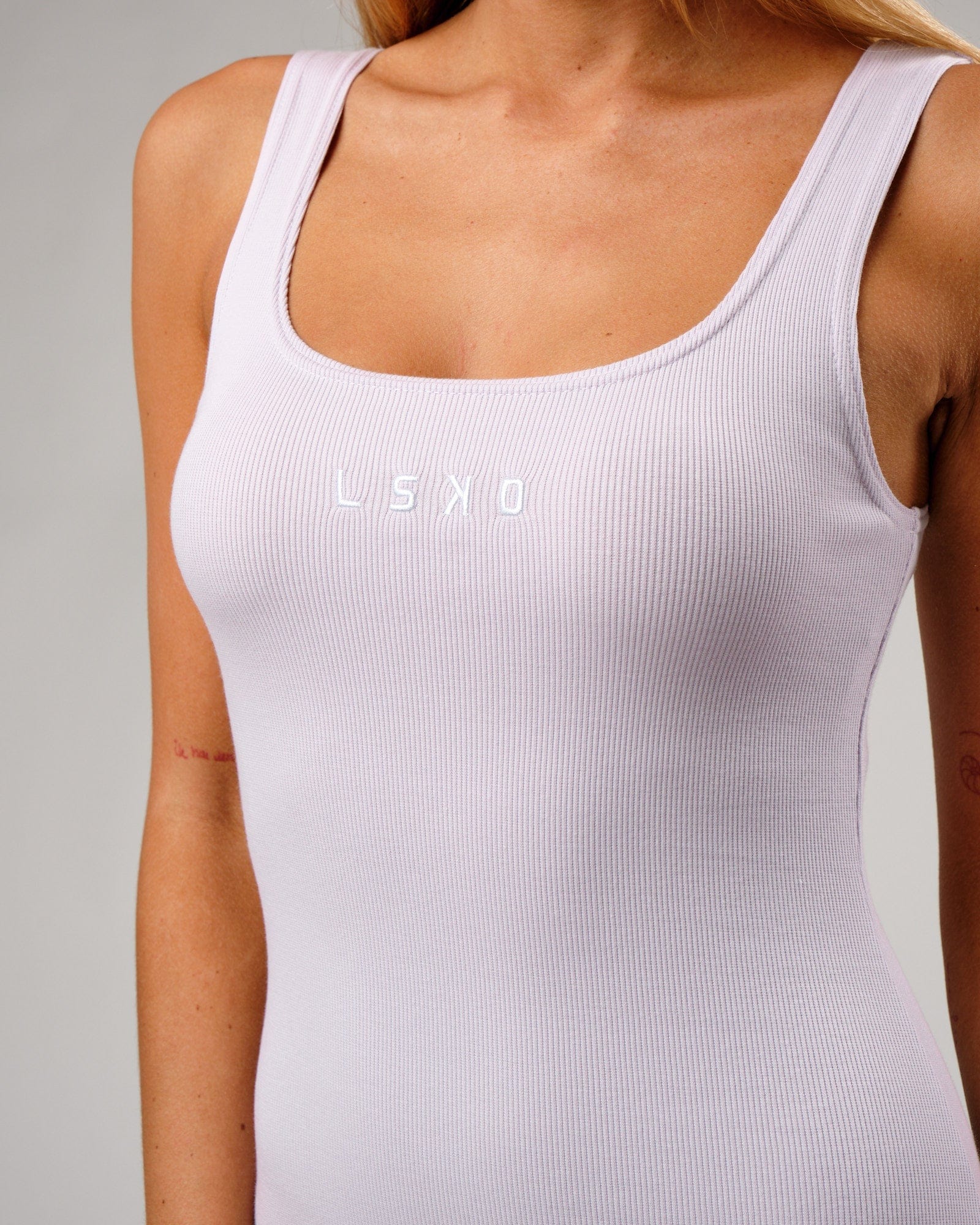 Model wearing Ava Ribbed Tank Dress - Light Cosmic Sky