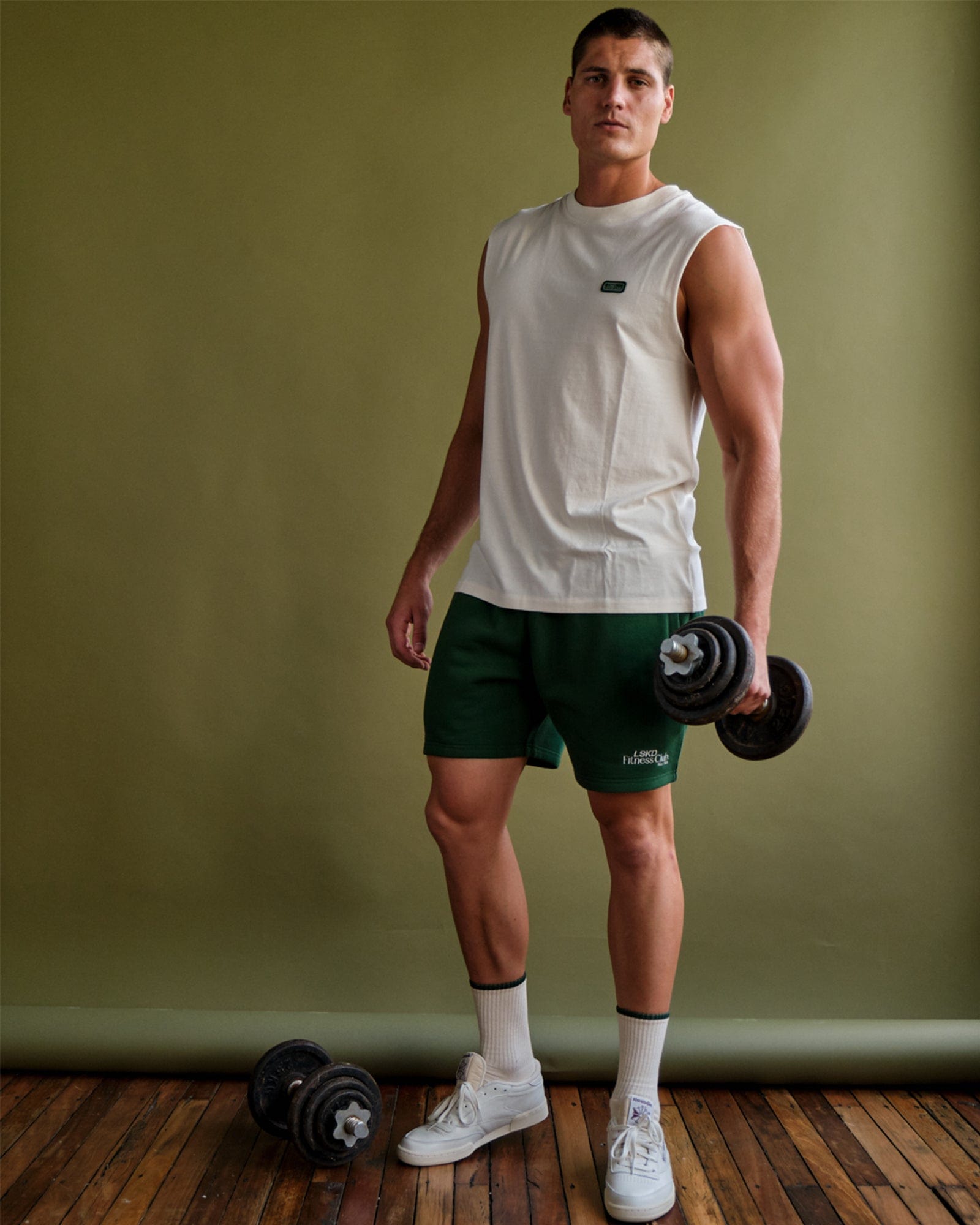 Model wearing Badge Tank Oversize - Cream