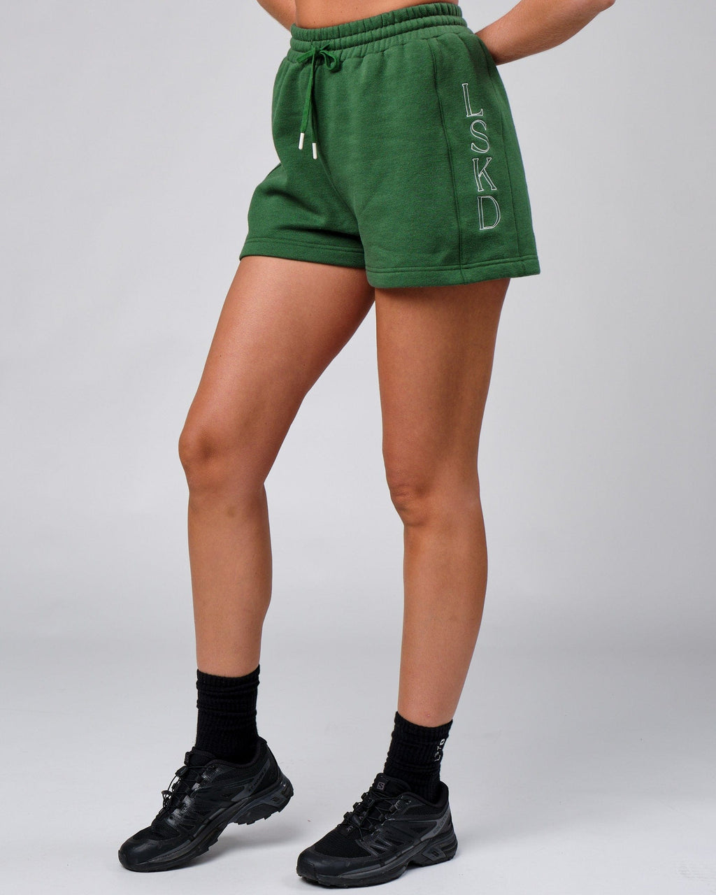 Model wearing Court Lounge Short - Eden Green