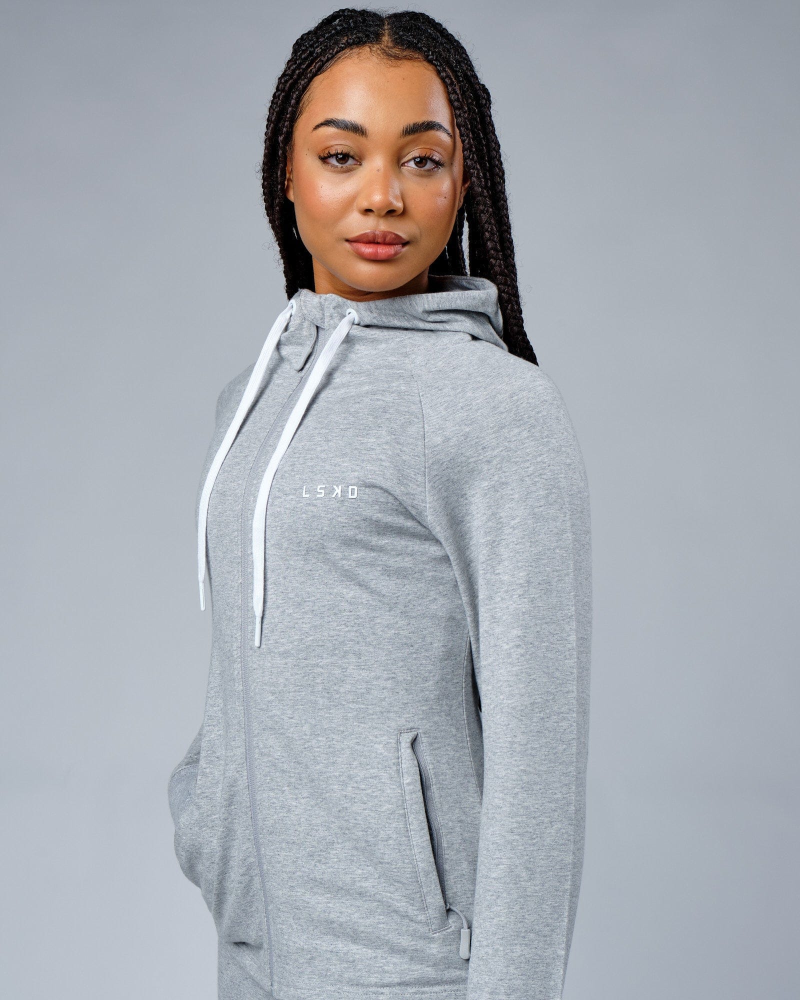 Model wearing PB Zip Through Hoodie - Lt Grey Marl